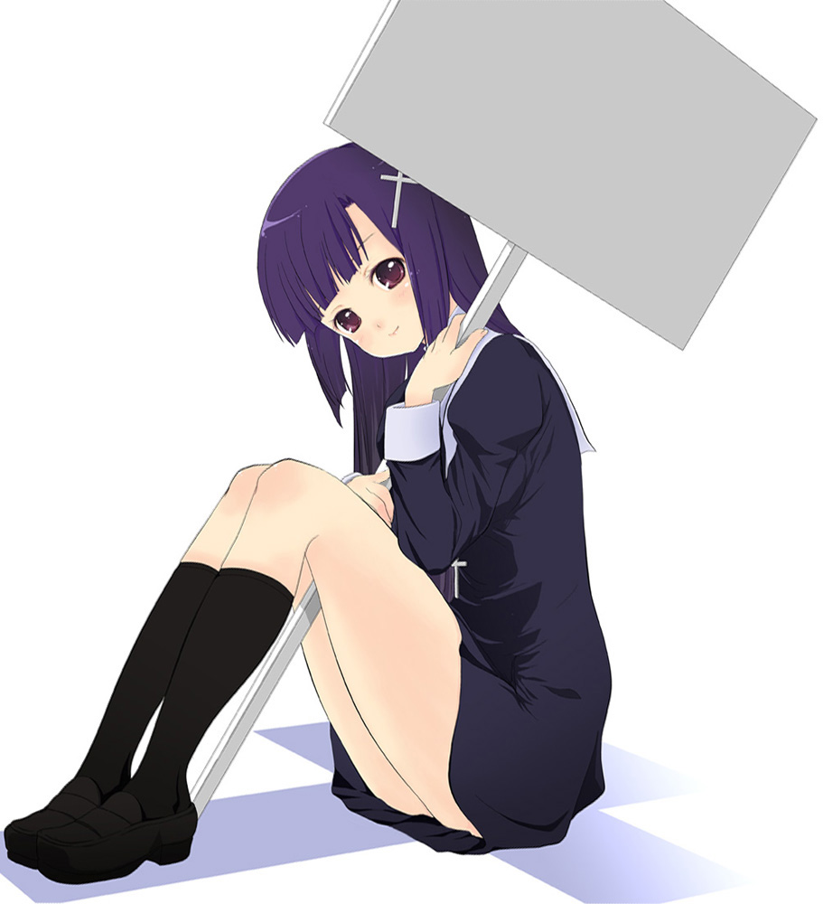 mikazukimo, zange, kannagi, 00s, 1girl, cross, female focus, holding, holding sign, long hair, purple eyes, purple hair, sign, sign holding, sitting, solo