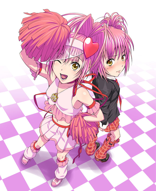 nigou, amulet heart, hinamori amu, shugo chara!, cheerleader, child, dual persona, leg warmers, loose socks, midriff, navel, pink hair, pom pom (cheerleading), ribbon, school uniform, serafuku, short hair, socks, yellow eyes