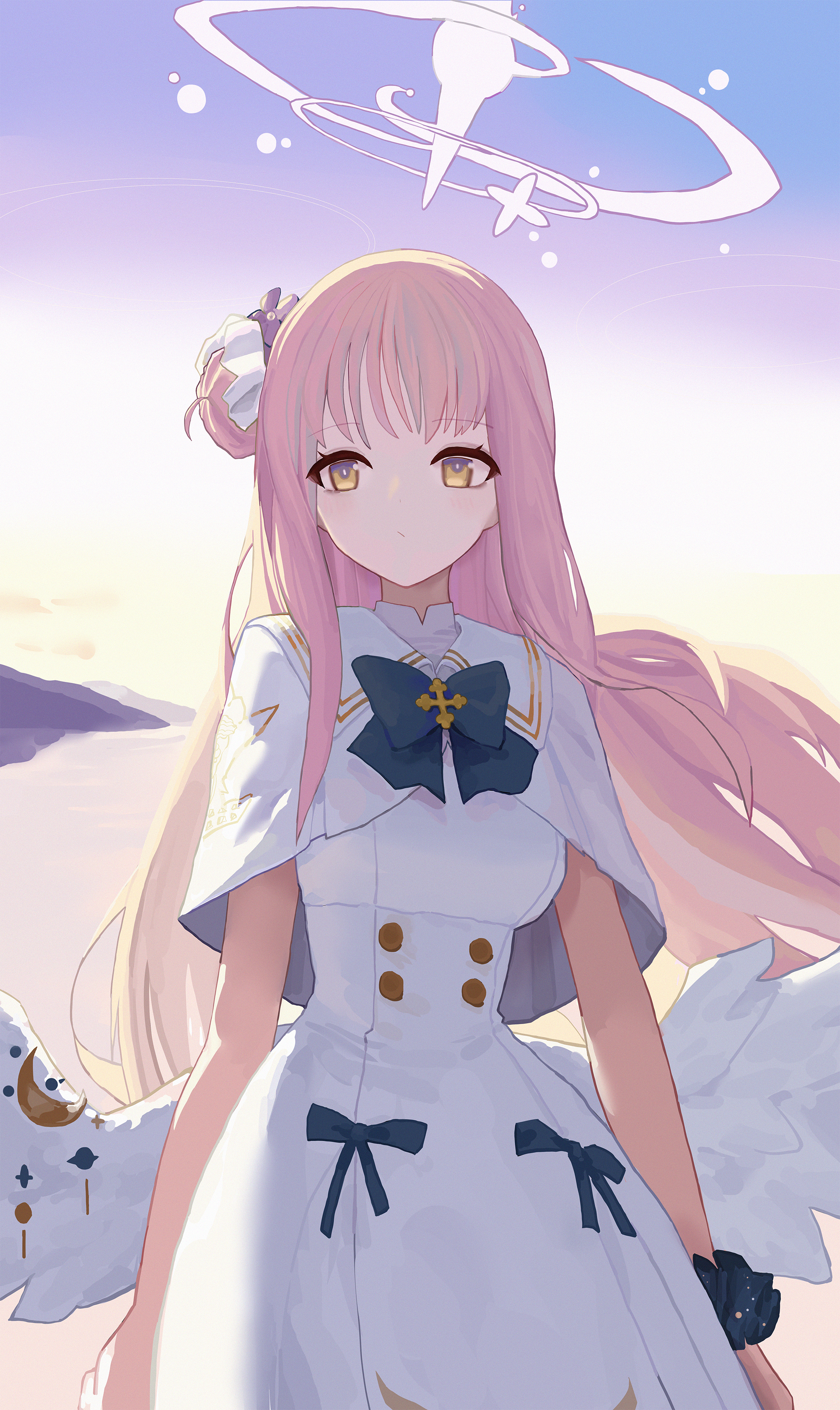 funengliang (naidesu), mika (blue archive), blue archive, absurdres, highres, 1girl, angel wings, blue bow, bow, capelet, closed mouth, crescent, dress, feathered wings, flower, gold trim, hair bun, hair flower, hair ornament, halo, long hair, low wings, pink hair, pink halo, single hair bun, single side bun, solo, very long hair, white capelet, white dress, white wings, wing ornament, wings, wrist cuffs, yellow eyes