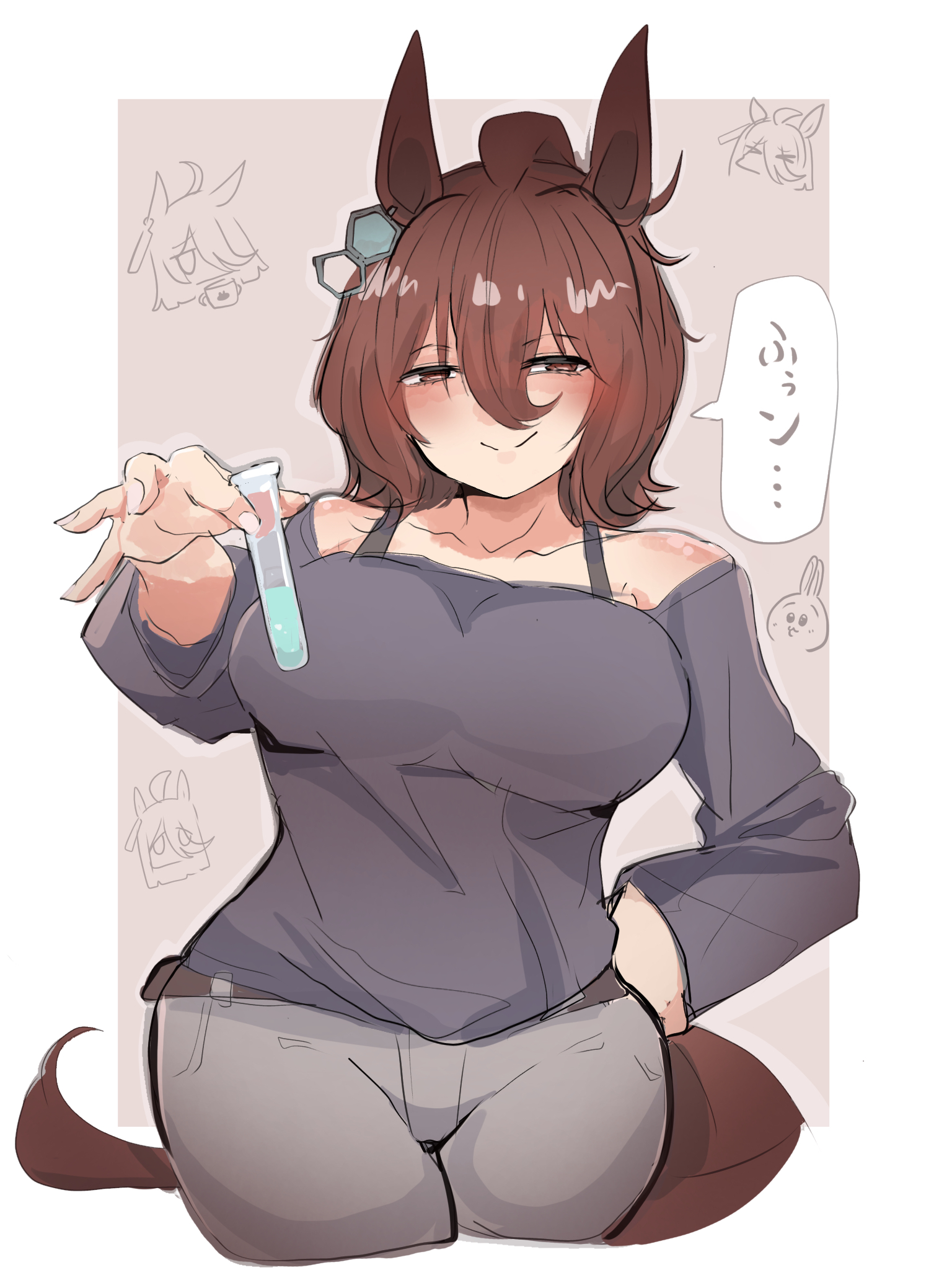 kawamochi (tddm3573), agnes tachyon (umamusume), manhattan cafe (umamusume), umamusume, highres, translation request, 2girls, ahoge, animal ears, bare shoulders, blush, border, breasts, brown background, brown eyes, brown hair, closed mouth, collarbone, cropped legs, grey pants, grey shirt, hair between eyes, half-closed eyes, hand on own hip, holding, horse ears, horse girl, horse tail, large breasts, long sleeves, looking at viewer, multiple girls, multiple views, off-shoulder shirt, off shoulder, pants, shirt, smile, tail, vial, white border