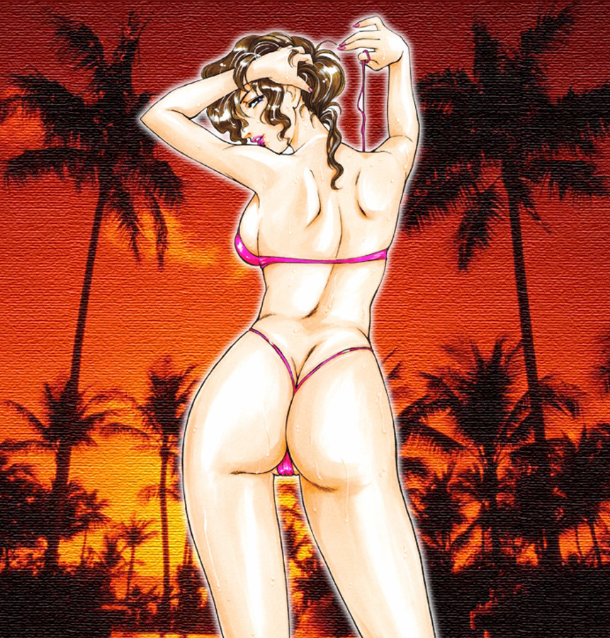 fujii akiko, 1girl, adjusting hair, arms up, ass, back, bikini, breasts, brown hair, butt crack, female focus, looking back, sideboob, solo, swimsuit, thong bikini, unknown creation date, wet