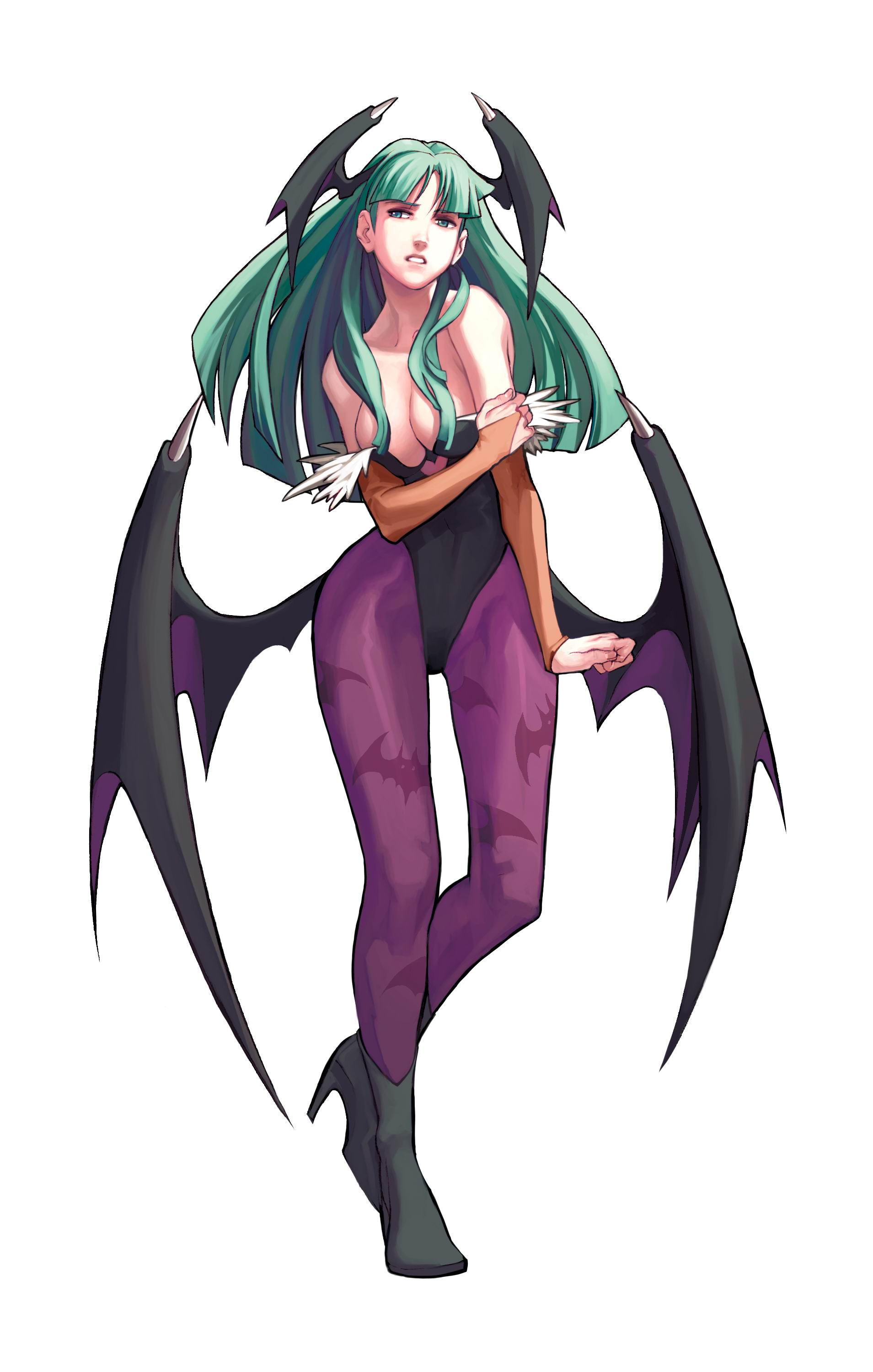 arnold tsang, udon entertainment, morrigan aensland, capcom, darkstalkers, vampire chronicle, looking away, absurdres, highres, official art, 1girl, animal print, bat print, bat wings, blunt bangs, boots, breasts, bridal gauntlets, cleavage, clothing cutout, demon girl, female focus, full body, fur trim, green eyes, green hair, hair over shoulder, head wings, heart, heart cutout, high heels, highleg, highleg leotard, holding own arm, large breasts, leotard, long hair, matching hair/eyes, pantyhose, parted bangs, parted lips, patterned legwear, print pantyhose, purple pantyhose, shoes, simple background, solo, standing, tiptoes, white background, wings