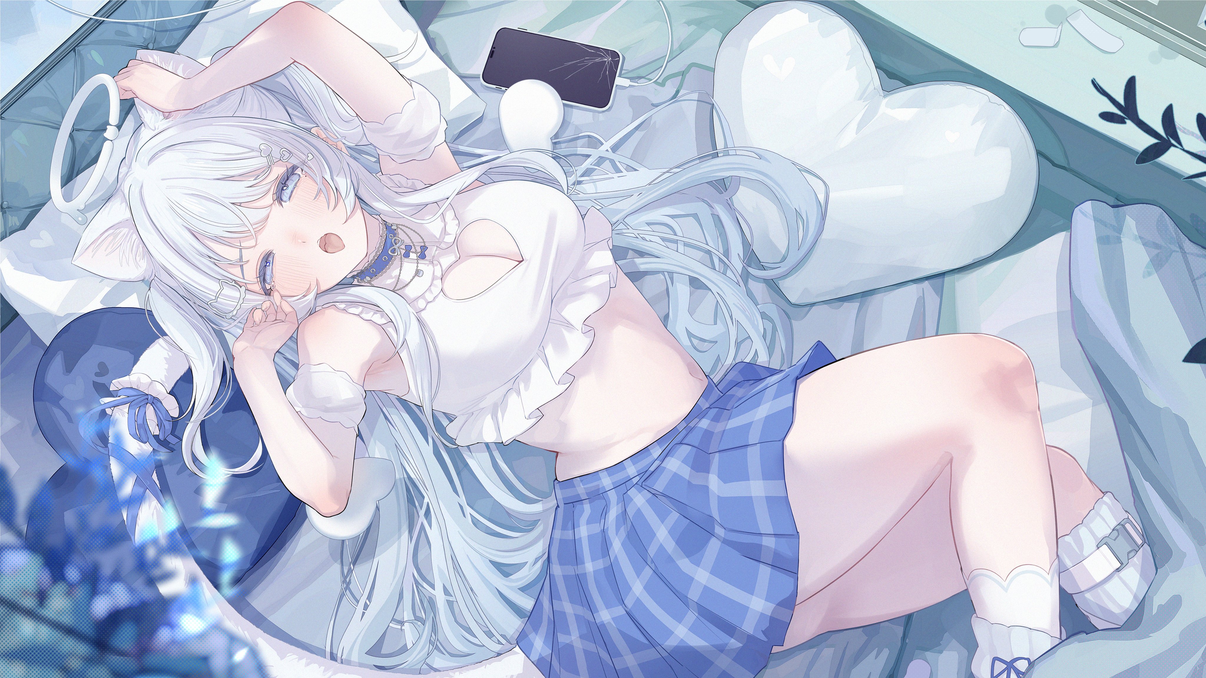 karya, indie virtual youtuber, absurdres, highres, second-party source, 1girl, animal ears, arm up, armpits, bare shoulders, blue choker, blue eyes, blue skirt, breasts, cat ears, cat girl, cat tail, choker, cleavage, cleavage cutout, clothing cutout, crop top, detached sleeves, frilled shirt, frilled shirt collar, frills, halo, hand up, heart, heart-shaped pillow, heart cutout, kneehighs, large breasts, long hair, looking at viewer, lying, midriff, miniskirt, mole, mole under eye, navel, nekone uyu, no jacket, on back, open mouth, pillow, plaid clothes, plaid skirt, pleated skirt, ribbed socks, shirt, short sleeves, skirt, sleeveless, sleeveless shirt, socks, solo, stomach, tail, thighs, tongue, tongue out, two side up, uneven eyes, very long hair, virtual youtuber, white hair, white shirt