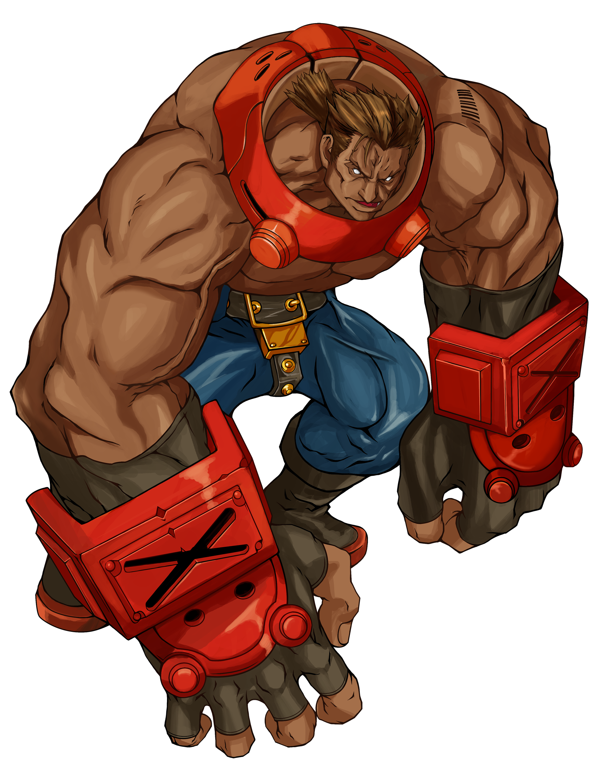 potemkin (guilty gear), arc system works, guilty gear, guilty gear x, guilty gear xx, absurdres, highres, official art, 1boy, boots, dark-skinned male, dark skin, fingerless gloves, gloves, male focus, muscular, pants, solo, topless male