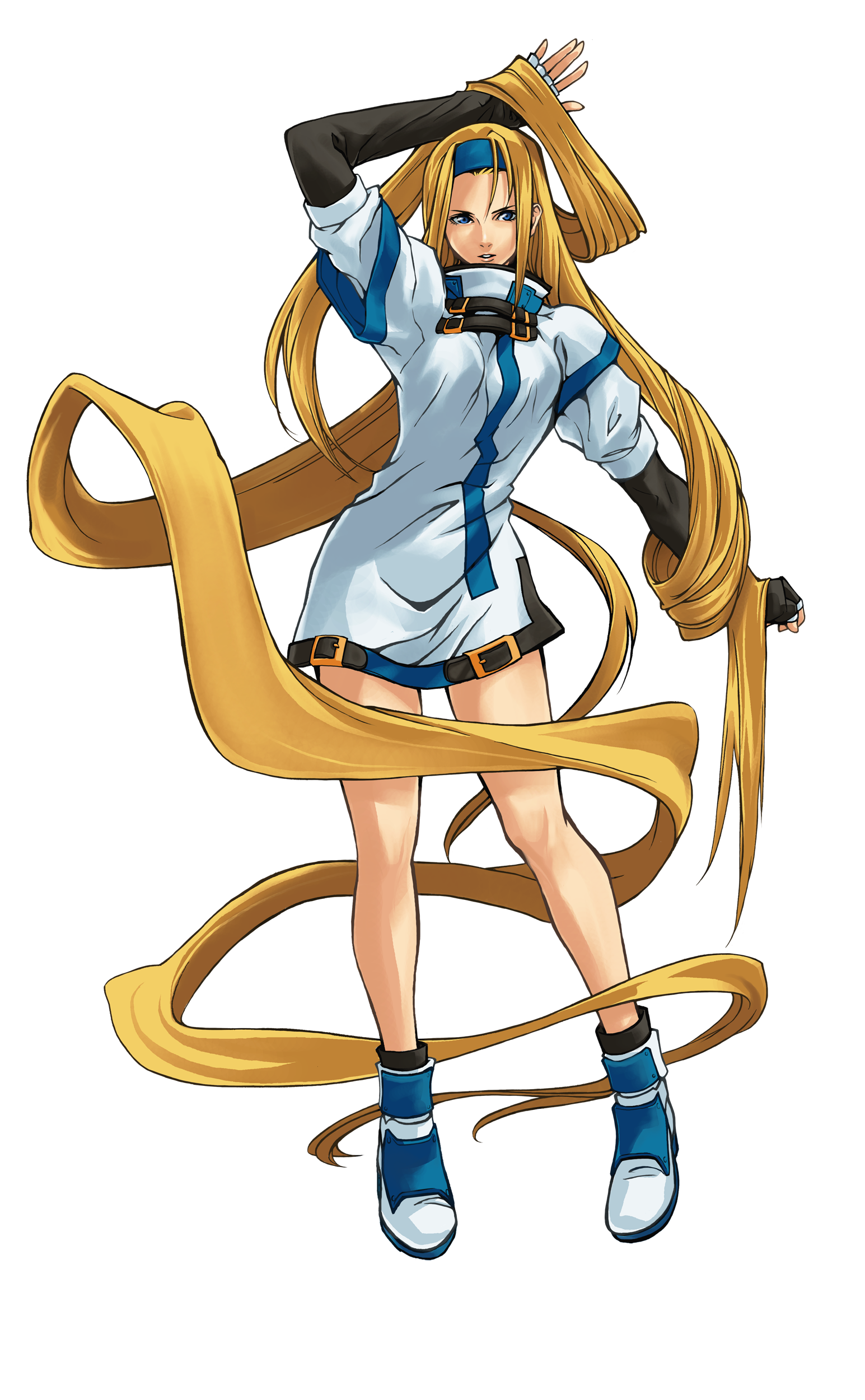 millia rage, arc system works, guilty gear, guilty gear x, guilty gear xx, absurdres, highres, official art, 1girl, blonde hair, blue eyes, female focus, gloves, headband, long hair, no pants, solo, very long hair
