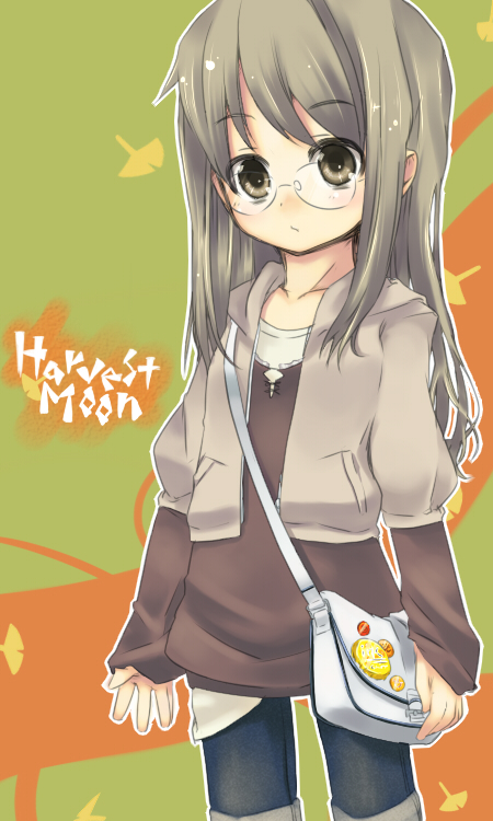 azuki akizuki, havemoon, 1girl, bag, brown eyes, brown hair, denim, female focus, glasses, jacket, jeans, long hair, pants, solo