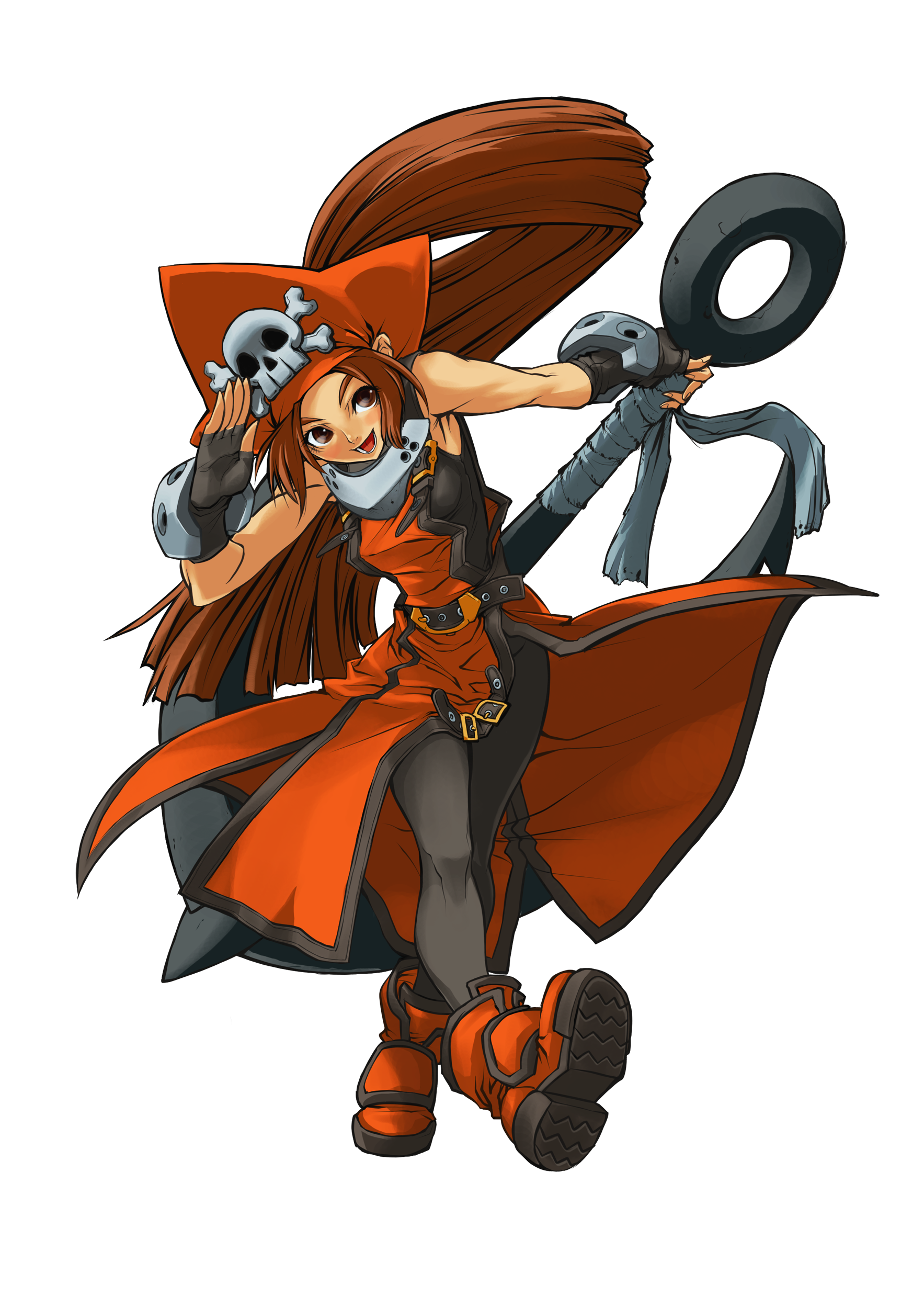 may (guilty gear), arc system works, guilty gear, guilty gear x, guilty gear xx, absurdres, highres, official art, 1girl, anchor, bicorne, brown hair, female focus, gloves, hat, long hair, orange hat, orange shirt, pantyhose, pirate, pirate hat, salute, shirt, skull and crossbones, solo