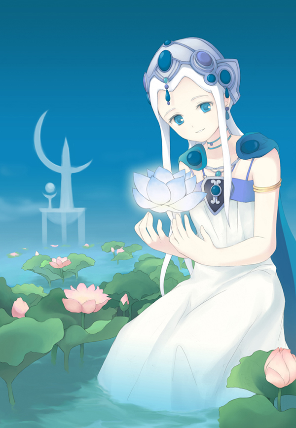 moai (aoh), tina (fantastic children), fantastic children, bad id, bad pixiv id, 00s, armlet, blue eyes, flower, jewelry, lily pad, long hair, lotus, solo, water, white hair