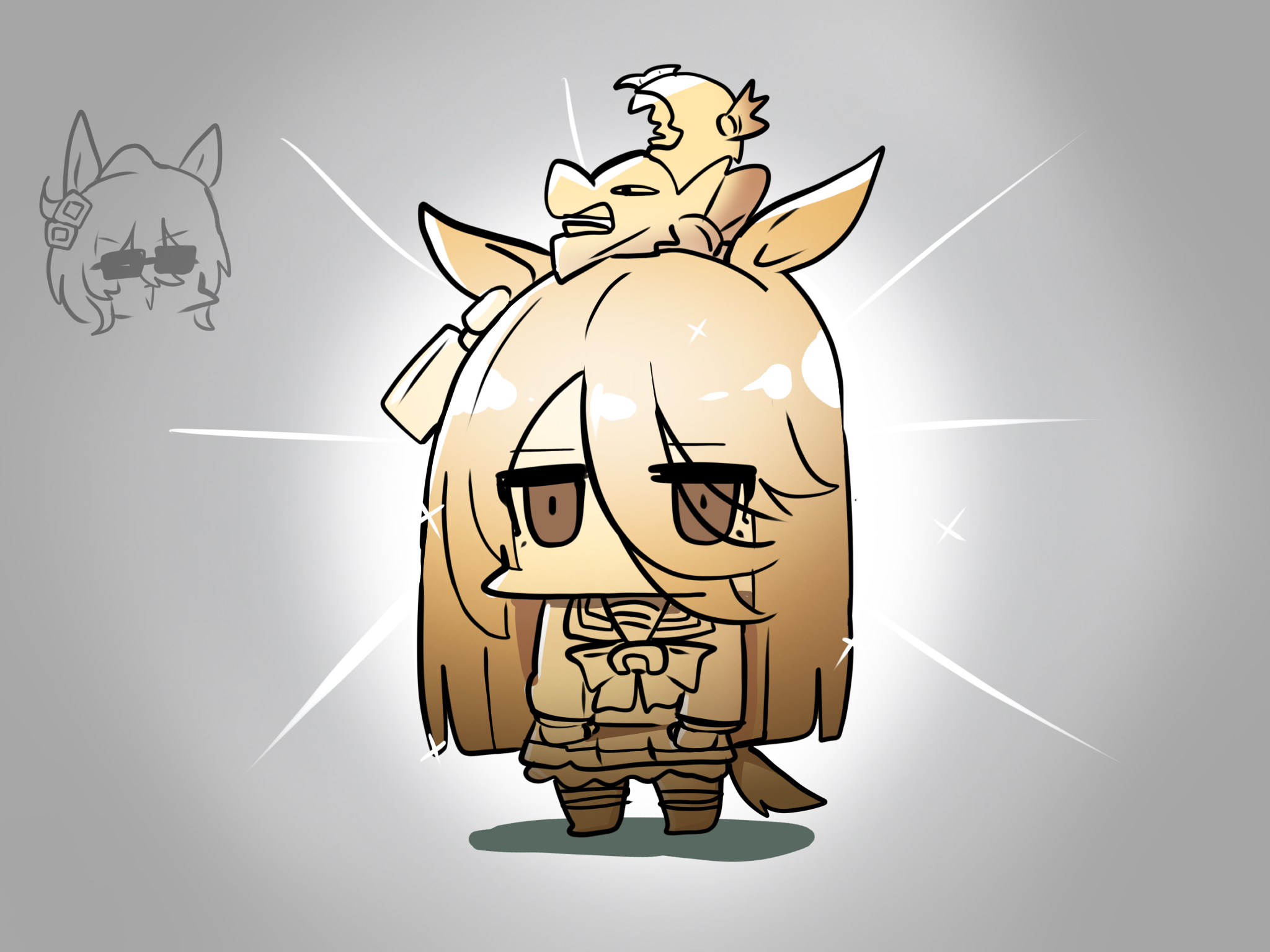 kawamochi (tddm3573), agnes tachyon (umamusume), manhattan cafe (umamusume), umamusume, highres, 2girls, :>, ahoge, animal ears, bow, brown eyes, brown hair, chibi, eyes visible through hair, grey background, hair over one eye, horse ears, horse girl, horse tail, long sleeves, multiple girls, parted lips, pleated skirt, puffy long sleeves, puffy sleeves, school uniform, shadow, shirt, simple background, skirt, solo focus, standing, sunglasses, tail, thighhighs, tracen school uniform, triangle mouth