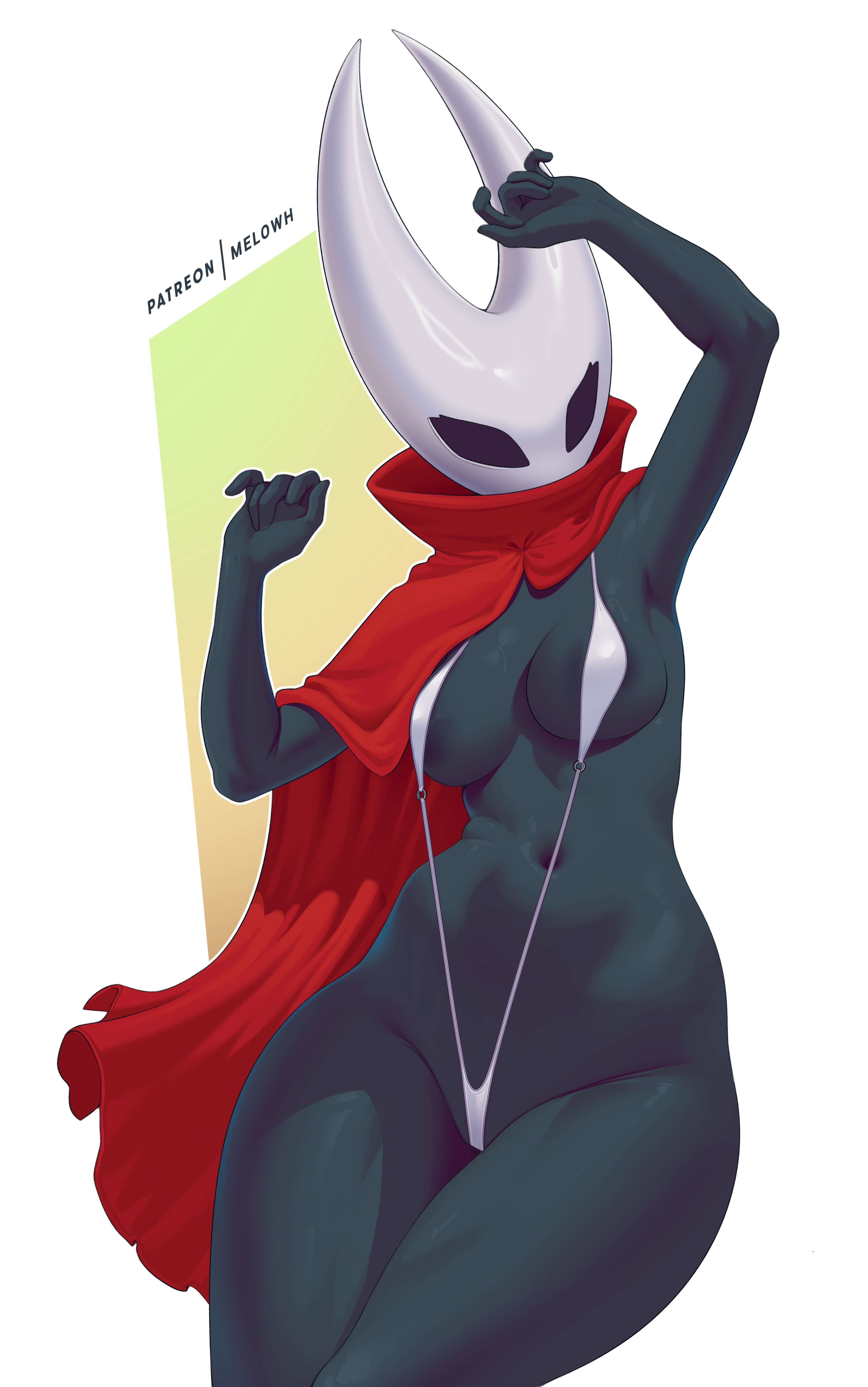 melowh, hornet (hollow knight), hollow knight, hollow knight: silksong, absurdres, commentary, english commentary, highres, 1girl, armpits, black skin, breasts, cleavage, cloak, colored skin, hollow eyes, horned mask, humanization, mask, medium breasts, patreon username, purple slingshot swimsuit, red cloak, slingshot swimsuit, solo, swimsuit, thighs
