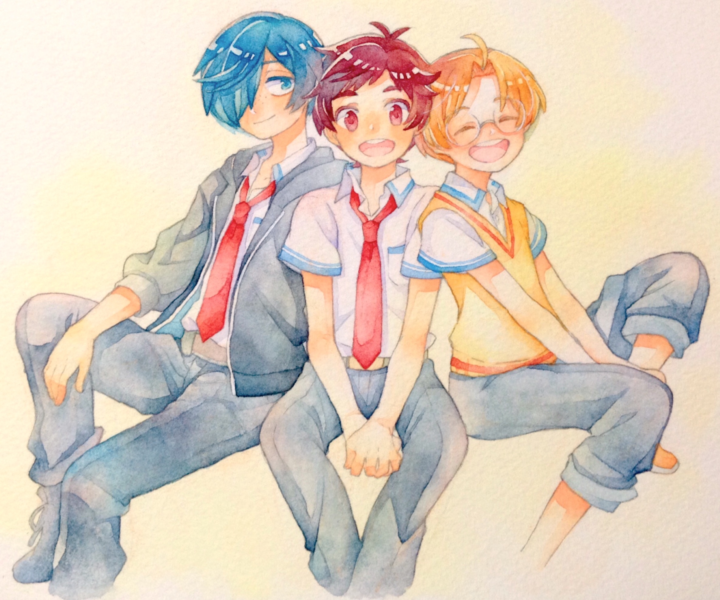 aoya (ayoyame18), jinnai enta, kuji toi, yasaka kazuki, sarazanmai, commentary request, highres, painting (medium), traditional media, watercolor (medium), 3boys, blue eyes, blue hair, brown sweater, closed eyes, collared shirt, freckles, grey pants, hair over one eye, invisible chair, jacket, male focus, multiple boys, necktie, open mouth, pants, red eyes, round eyewear, school uniform, shirt, short hair, simple background, sitting, smile, sweater, white background, white shirt