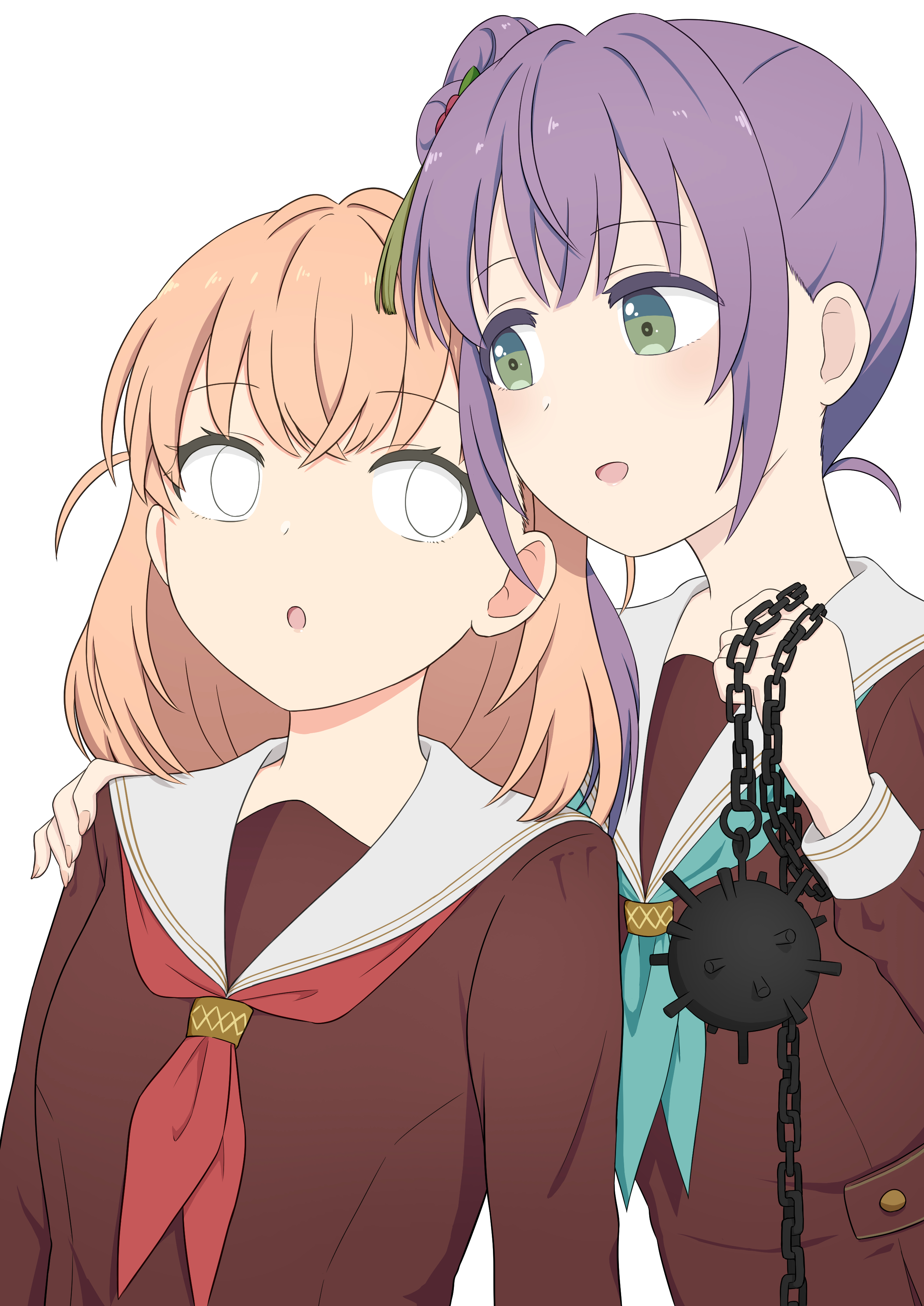 hinoshita kaho, otomune kozue, link! like! love live!, love live!, absurdres, commentary, highres, 2girls, :d, :o, aqua neckerchief, ball and chain (weapon), brown dress, chain, crossed bangs, dress, empty eyes, flower, green eyes, hair bun, hair flower, hair ornament, hand on another's shoulder, hasu no sora school uniform, holding, holding chain, lone nape hair, long hair, long sleeves, looking at another, medium hair, multiple girls, neckerchief, open mouth, orange hair, purple hair, red flower, red neckerchief, sailor collar, sailor dress, school uniform, side ponytail, sidelocks, single side bun, smile, spiked ball and chain, tassel, tassel hair ornament, two side up, upper body, virtual youtuber, weapon, white sailor collar, winter uniform, yuma (user ccdg5483)