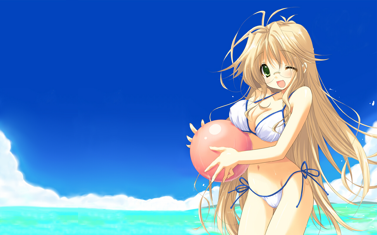 emily (pure dream), non-web source, source request, 1girl, ball, beach, beachball, bikini, blonde hair, breasts, cleavage, day, female focus, glasses, green eyes, large breasts, long hair, one eye closed, open mouth, outdoors, side-tie bikini bottom, solo, swimsuit, white bikini, wink