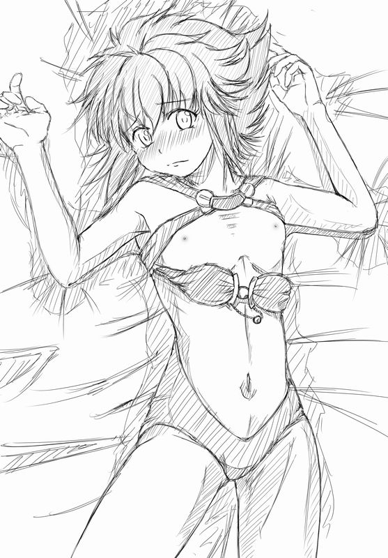 jun (666), mail beater, mel peter, banpresto, super robot wars, super robot wars z, super robot wars z1, bad id, bad pixiv id, 1girl, female focus, flat chest, greyscale, monochrome, solo, topless female