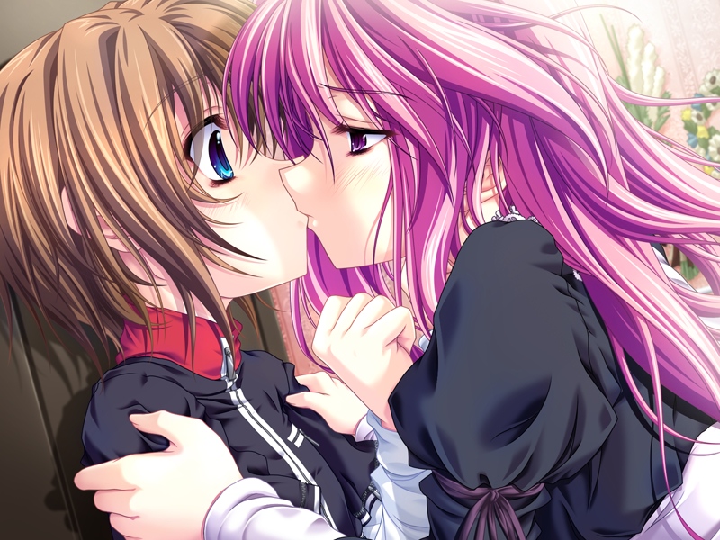 miyama-zero, togetsu kotarou, yumihiki honoka, kanojo tachi no ryuugi, game cg, non-web source, 1boy, 1girl, against wall, blue eyes, blush, brown hair, eye contact, hetero, hug, kiss, long hair, looking at another, purple eyes, purple hair, short hair, surprised, trap, turtleneck