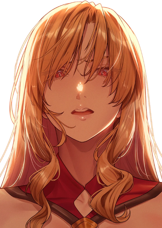 hplay, highres, 1girl, backlighting, blonde hair, detached collar, disgust, hair over eyes, lips, long hair, looking at viewer, open mouth, parted bangs, portrait, red eyes, sidelocks, simple background, solo, teeth, upper teeth only, white background