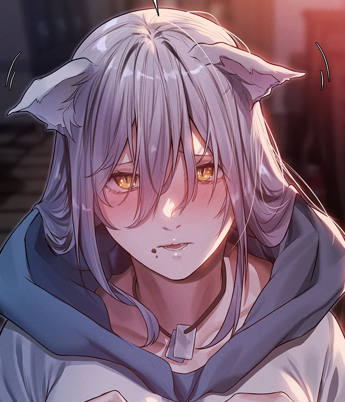 hplay, highres, 1girl, animal ears, blurry, blurry background, blush, cat ears, collarbone, ears down, food, food on face, grey hair, hair between eyes, hood, hood down, hoodie, jewelry, long hair, looking at viewer, motion lines, necklace, open mouth, parted lips, solo, upper body, white hoodie, yellow eyes