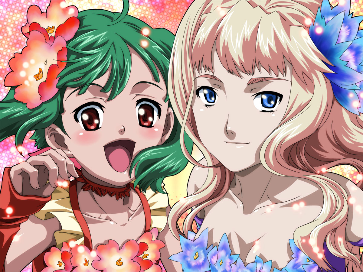 kutsuno, ranka lee, sheryl nome, macross, macross frontier, 00s, blonde hair, blue eyes, green hair, red eyes