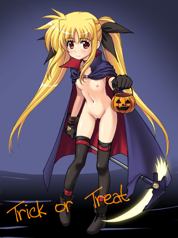 masakichi (crossroad), bardiche (nanoha), bardiche (scythe form) (nanoha), fate testarossa, fate testarossa (original form), lyrical nanoha, mahou shoujo lyrical nanoha, 00s, 1girl, blonde hair, blush, breasts, cape, female focus, gloves, halloween, loli, long hair, naked cape, nude, red eyes, scythe, small breasts, solo, thighhighs, twintails, uncensored, very long hair, weapon