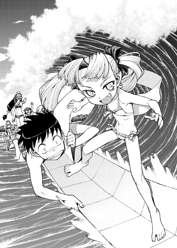 hamada yoshikazu, chikaishi chisato, kagami kazuya, kiriha (tsugumomo), kokuyou (tsugumomo), kukuri (tsugumomo), tsugumomo, 1boy, 4girls, armpits, barefoot, bikini, fang, feet, flat chest, greyscale, long hair, monochrome, multiple girls, navel, pointy ears, surfboard, surfing, swimsuit, toenails, toes, twintails, waves