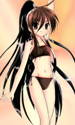 ito noizi, shana, shakugan no shana, lowres, non-web source, 00s, ahoge, bikini, black bikini, black hair, brown eyes, brown hair, flat chest, long hair, midriff, navel, ponytail, side-tie bikini bottom, smile, solo, swimsuit, very long hair