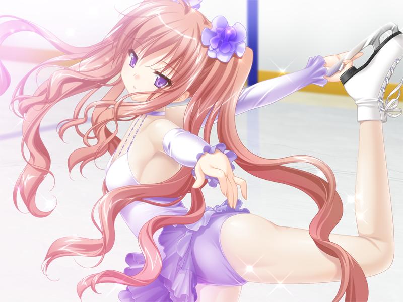 kani biimu, matsushima koyuki, konayuki fururi, game cg, non-web source, 1girl, female focus, figure skating, ice skating, leotard, long hair, pantyhose, purple eyes, purple leotard, red hair, skates, skating, solo, twintails