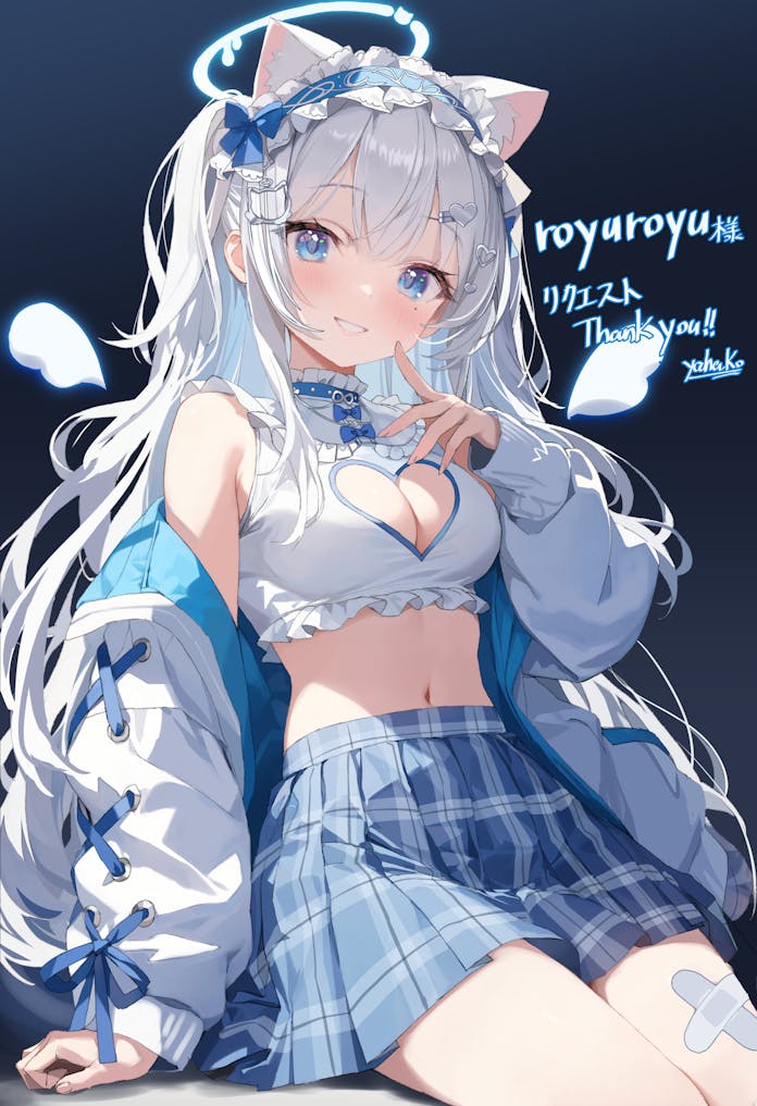 yahako, indie virtual youtuber, commission, skeb commission, 1girl, animal ears, bare shoulders, blue choker, blue eyes, blue skirt, breasts, cat ears, choker, cleavage, cleavage cutout, clothing cutout, crop top, extra ears, finger to cheek, frilled shirt, frills, grin, hair ornament, hairclip, halo, hand up, headdress, heart cutout, jacket, long hair, long sleeves, looking at viewer, medium breasts, midriff, miniskirt, mole, mole under eye, navel, nekone uyu, off shoulder, one side up, open clothes, open jacket, plaid clothes, plaid skirt, pleated skirt, puffy long sleeves, puffy sleeves, shirt, sidelocks, sitting, skirt, sleeveless, sleeveless shirt, smile, solo, stomach, virtual youtuber, white hair, white jacket, white shirt