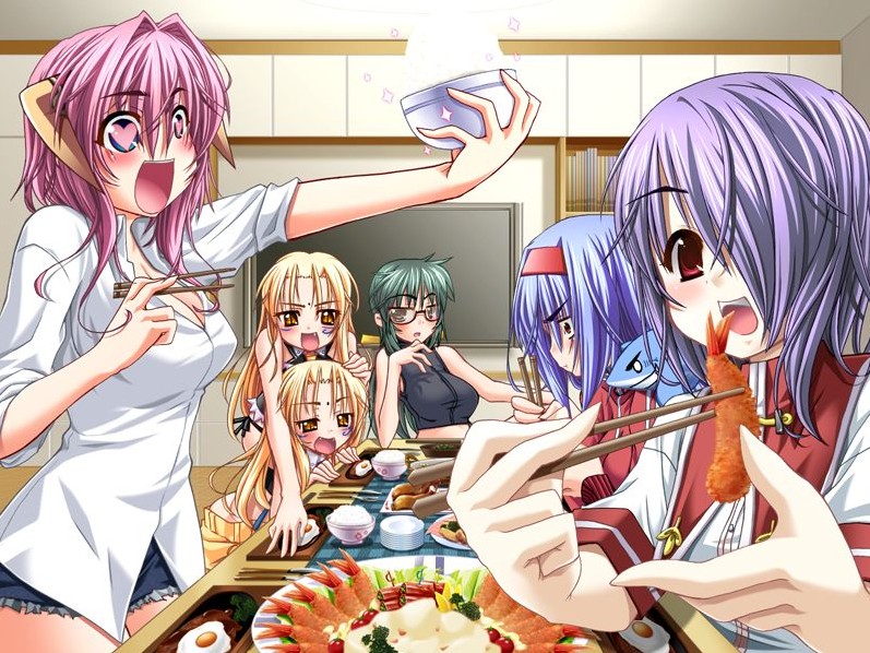 aki touka, kako von ostwind, mako von ostwind, momose minori, ootori jun, tsukuyomi kaguya, 130cm, furifuri, game cg, non-web source, 6+girls, blonde hair, blue eyes, blue hair, blush, crustacean, eating, female focus, food, glasses, green hair, heart, horns, long hair, multiple girls, purple hair, red eyes, rice, short hair, shrimp, shrimp tempura, siblings, sisters, symbol-shaped pupils, tempura, twins, yellow eyes