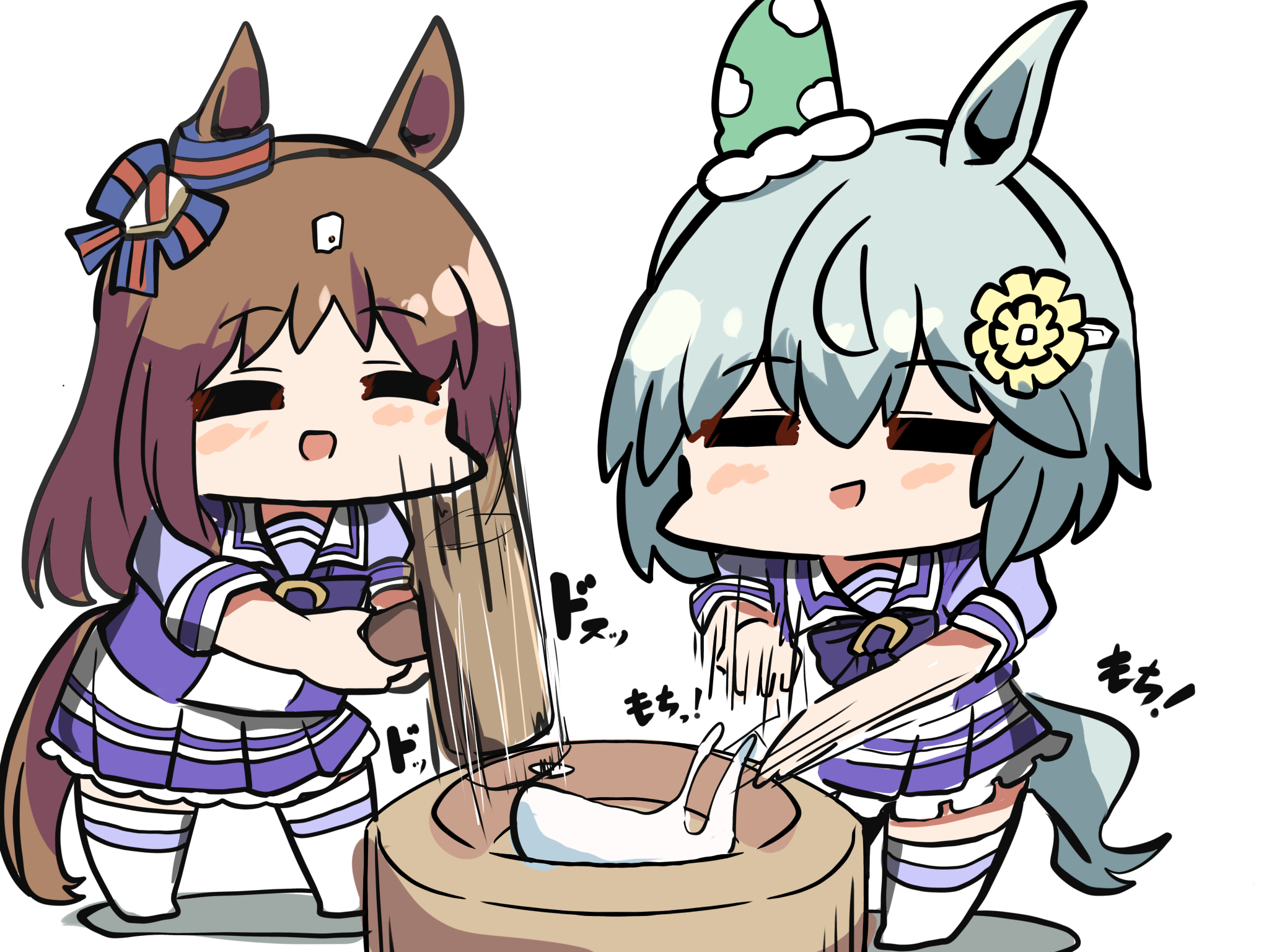 kawamochi (tddm3573), grass wonder (umamusume), seiun sky (umamusume), umamusume, highres, 2girls, :d, animal ears, blush, bow, brown hair, closed eyes, ear bow, food, grey hair, hair between eyes, holding, holding mallet, horse ears, horse girl, horse tail, kine, long hair, mallet, mochi, mochitsuki, mortar (bowl), multicolored hair, multiple girls, open mouth, pleated skirt, puffy short sleeves, puffy sleeves, purple bow, purple shirt, school uniform, shadow, shirt, short sleeves, simple background, skirt, smile, standing, striped bow, tail, thighhighs, tracen school uniform, two-tone hair, very long hair, white background, white hair, white skirt, white thighhighs
