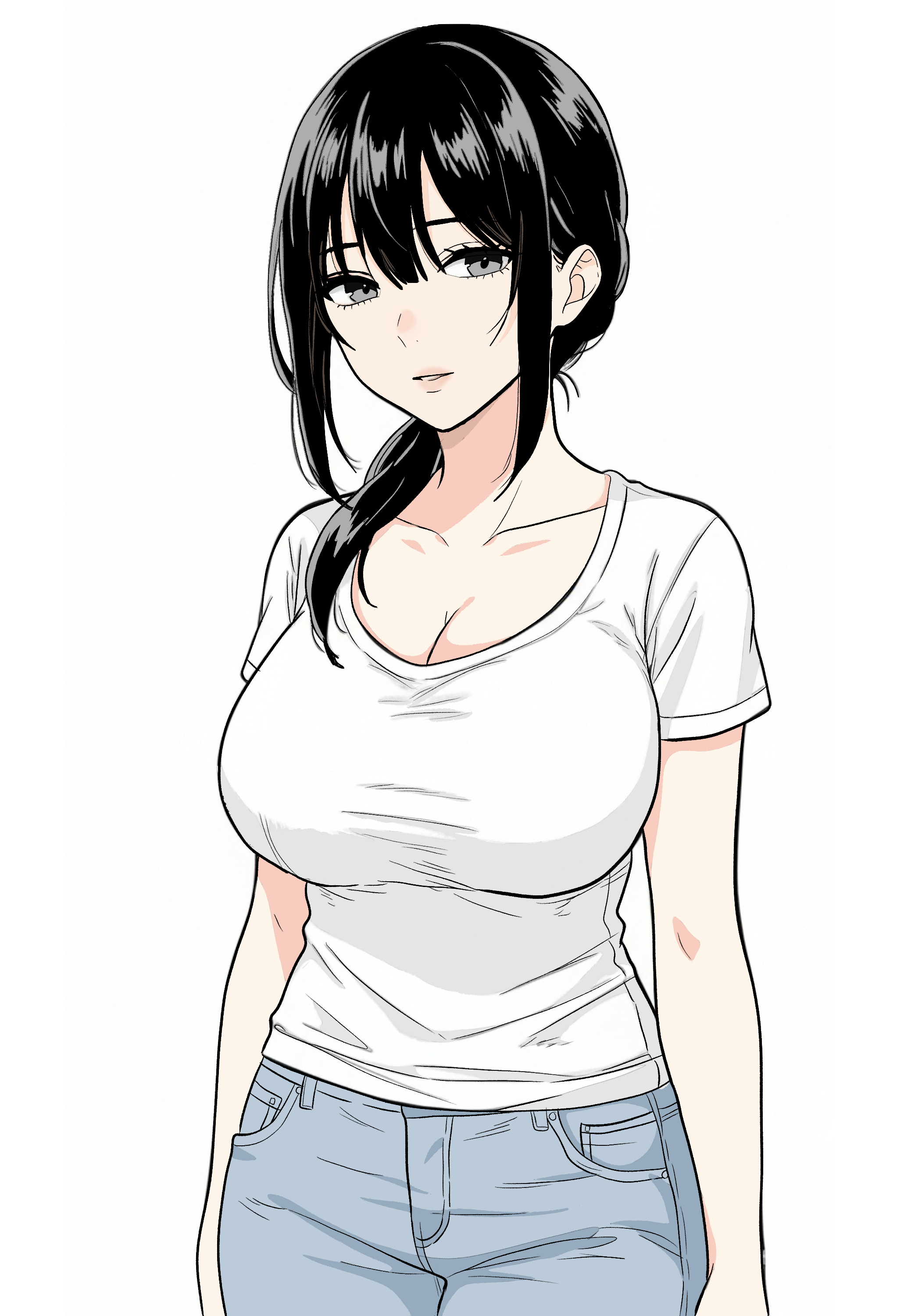 original, absurdres, highres, 1girl, arms at sides, black eyes, black hair, breasts, cleavage, collarbone, denim, hair between eyes, jeans, large breasts, looking at viewer, low ponytail, medium hair, pale skin, pants, parted lips, ponytail, rakuo cafeaulait, shirt, t-shirt, tight clothes, tight shirt, white background, white shirt