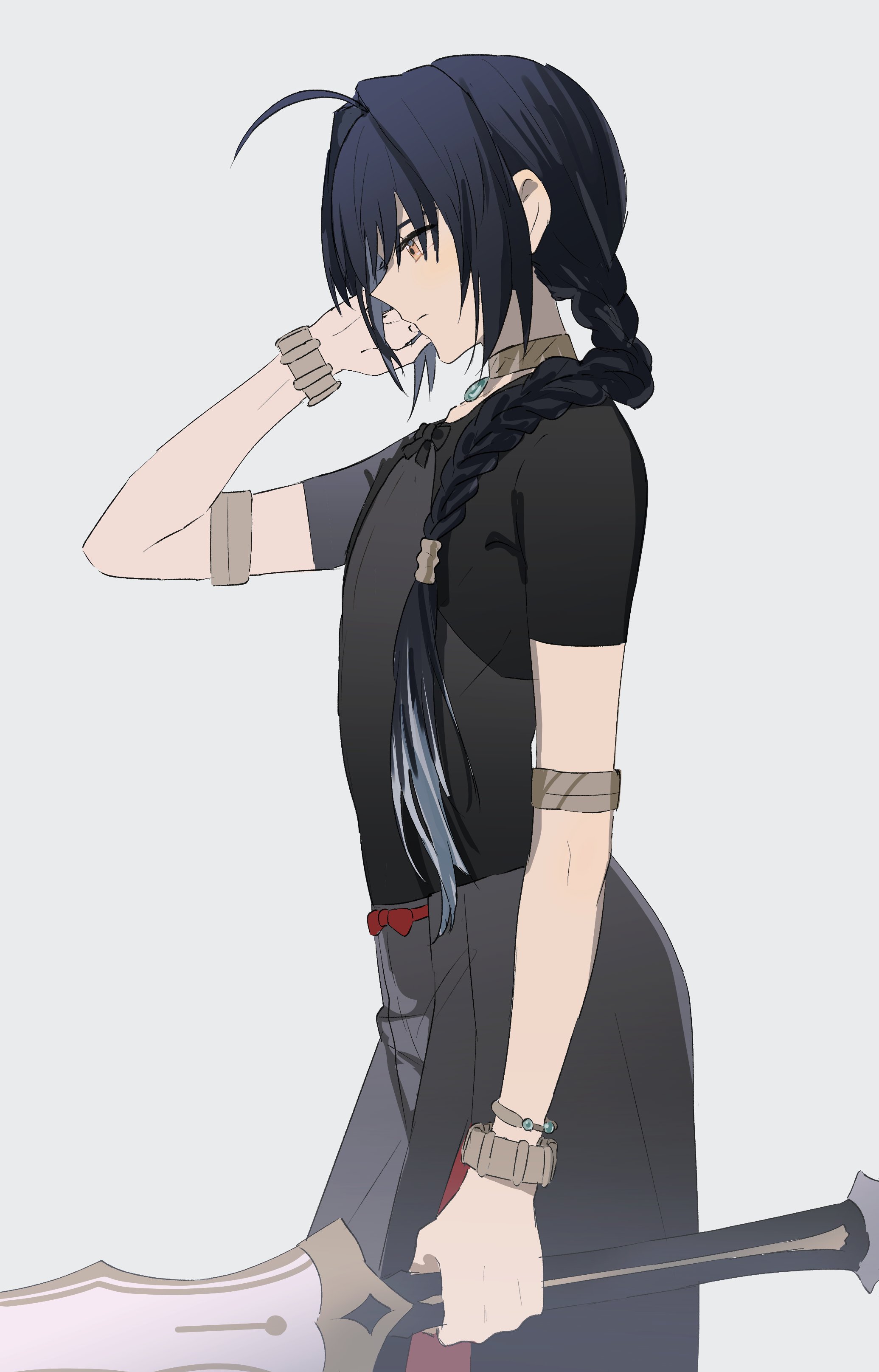 ninjin (ne f g o), yamato takeru (fate), fate/samurai remnant, fate (series), absurdres, commentary request, highres, 1other, ahoge, armlet, black hair, bracelet, braid, choker, cowboy shot, expressionless, grey pants, hair over shoulder, holding, holding sword, holding weapon, jewelry, other focus, pants, short sleeves, simple background, solo, sword, weapon, white background