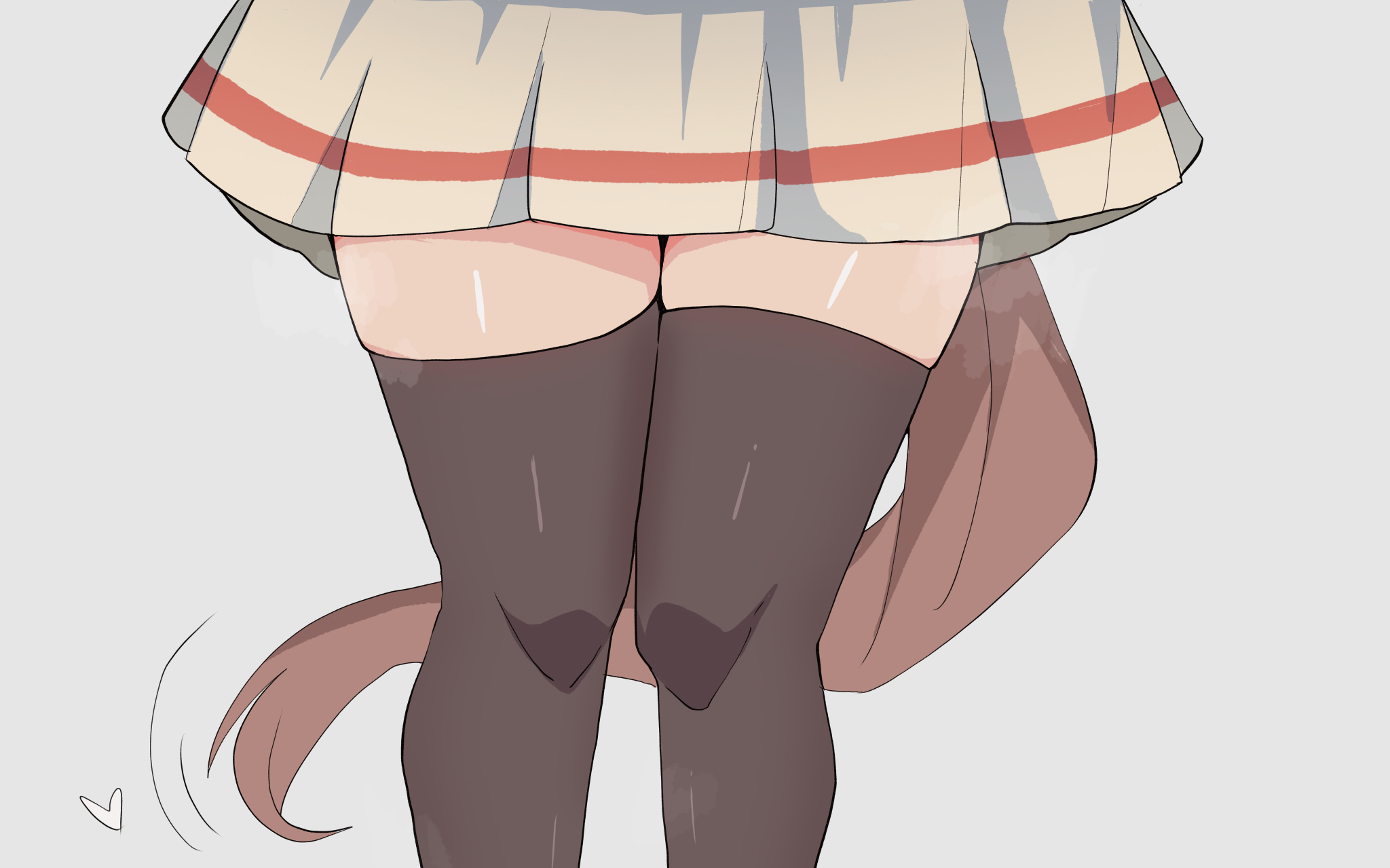 kawamochi (tddm3573), aston machan (flare) (umamusume), aston machan (umamusume), umamusume, highres, 1girl, black thighhighs, brown skirt, close-up, feet out of frame, grey background, heart, horse tail, lower body, motion lines, simple background, skirt, solo, standing, tail, thighhighs