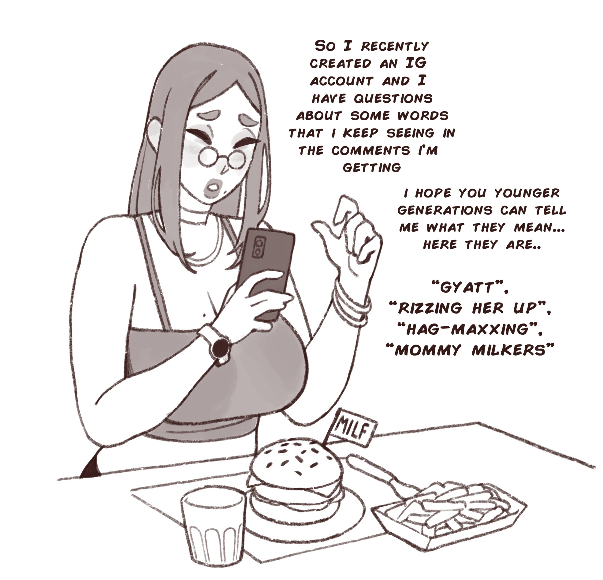 riz, anne (riz), original, highres, breasts, confused, eating, huge breasts, looking at phone, mole, mole on breast, phone, round eyewear, sketch, watch, wristwatch, zoomer slang