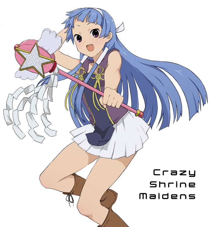 tokita arumi, nagi, kannagi, 00s, 1girl, blue hair, blunt bangs, boots, female focus, flat chest, hair tubes, hairband, long hair, pleated skirt, purple eyes, skirt, solo, wand, white skirt
