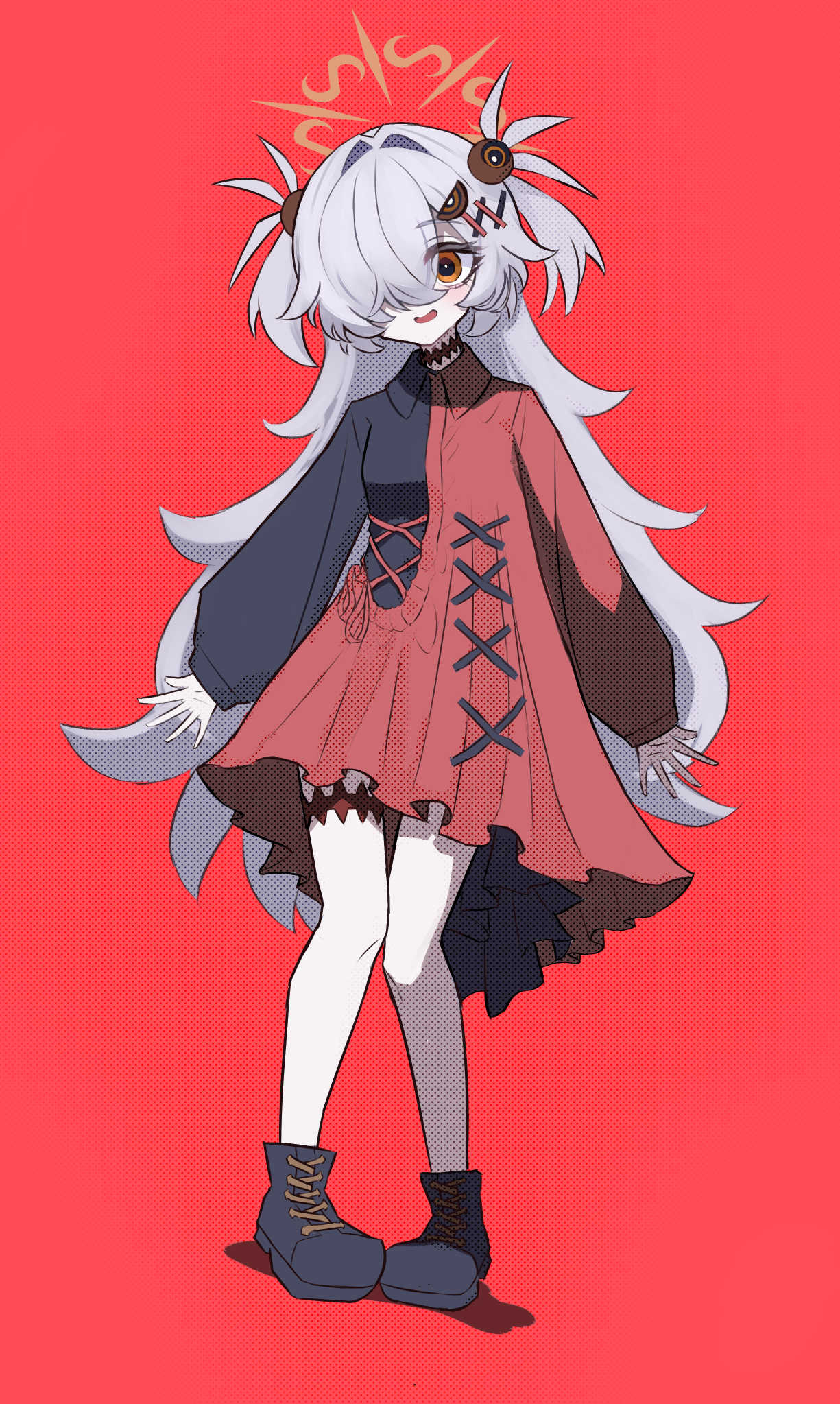 protectload, kanoe (blue archive), blue archive, highres, 1girl, black boots, black choker, black eyes, boots, breasts, brown eyes, brown halo, choker, collared shirt, dress, full body, hair bobbles, hair ornament, hairclip, halo, leg tattoo, light blush, long hair, long sleeves, mojyo, multicolored eyes, pale skin, pointy hair, puffy long sleeves, puffy sleeves, red background, ribbon-trimmed clothes, ribbon trim, shirt, short twintails, simple background, sleeves past wrists, small breasts, solo, tattoo, thighs, tied shirt, twintails, two-tone dress, two-tone eyes, two-tone shirt, wavy mouth, wide-eyed