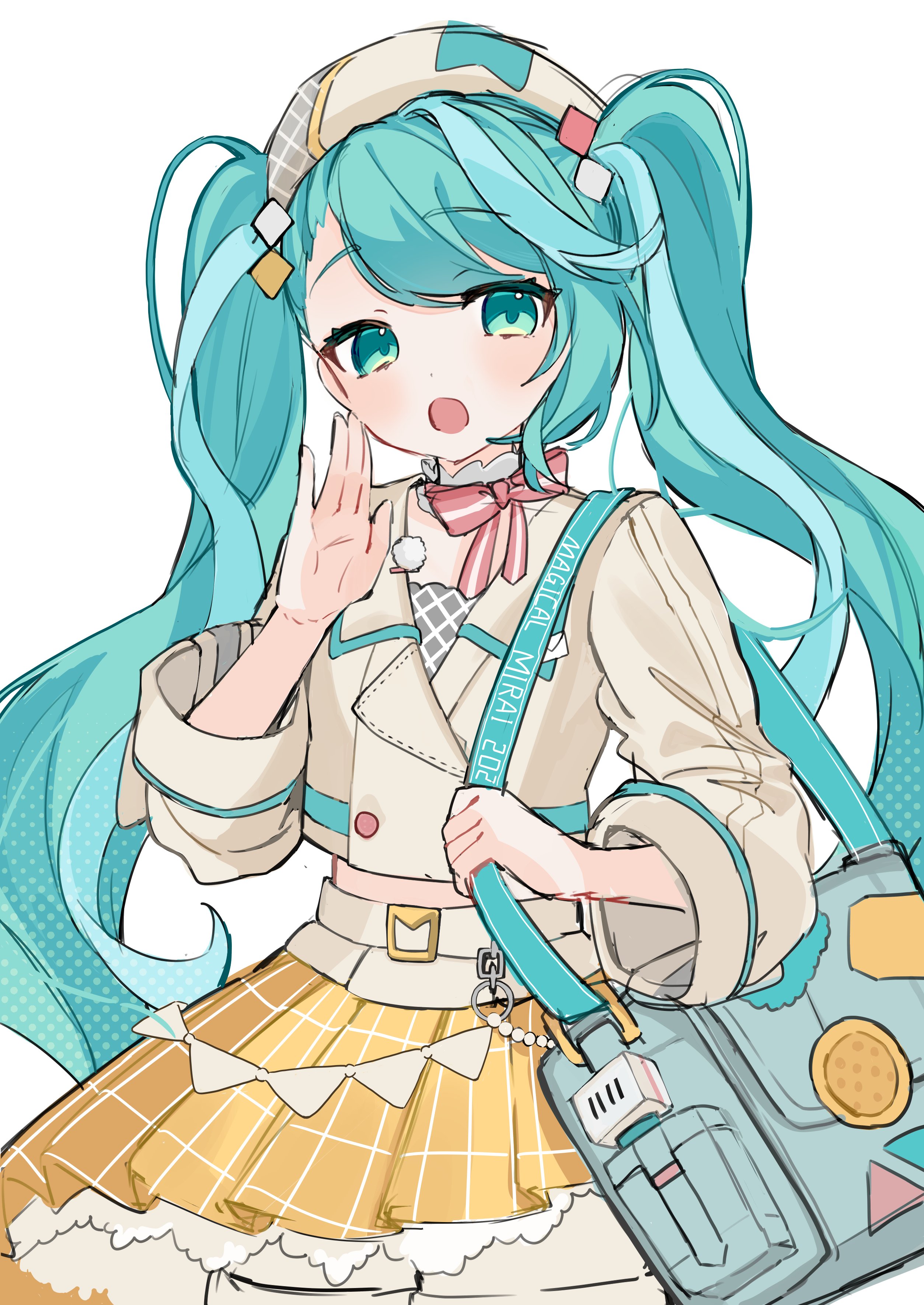 yukia 1128, hatsune miku, magical mirai miku, magical mirai miku (2024), magical mirai (vocaloid), vocaloid, absurdres, highres, 1girl, aqua eyes, aqua hair, bag, beret, blush, bow, cropped jacket, diamond hair ornament, hair ornament, hat, jacket, long hair, midriff, official alternate costume, official alternate hairstyle, open mouth, plaid bow, plaid clothes, plaid skirt, pleated skirt, shoulder bag, simple background, skirt, solo, twintails, very long hair, white background, white jacket, yellow skirt