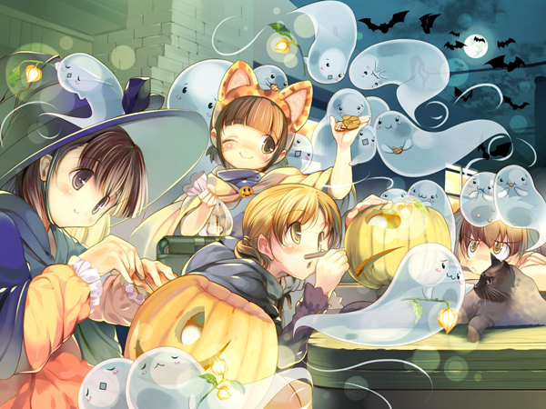 hanpen, puus, original, 4girls, animal ears, bat (animal), brown eyes, brown hair, cat, cat ears, ghost, halloween, jack-o'-lantern, moon, multiple girls, one eye closed, pumpkin, wink
