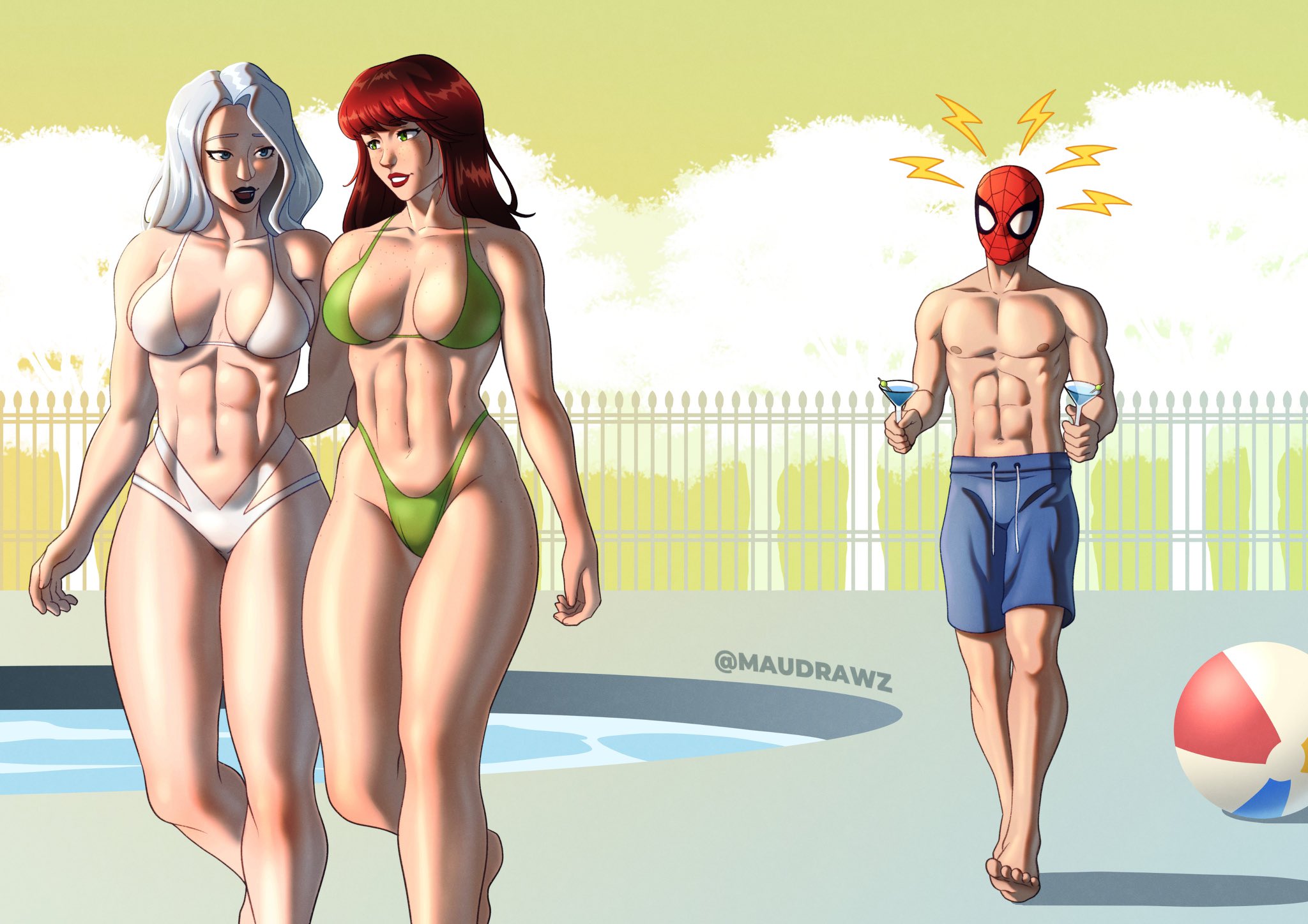 maudrawz, black cat (marvel), mary jane watson, peter parker, marvel, spider-man (series), highres, 1boy, 2girls, abs, ball, beachball, bikini, blue eyes, breasts, cleavage, cup, green bikini, green eyes, high-waist bikini, holding, holding cup, long hair, looking at another, mask, multiple girls, open mouth, outdoors, pool, red hair, shorts, signature, smile, spider-sense (spider-man), swimsuit, thighs, white bikini, white hair