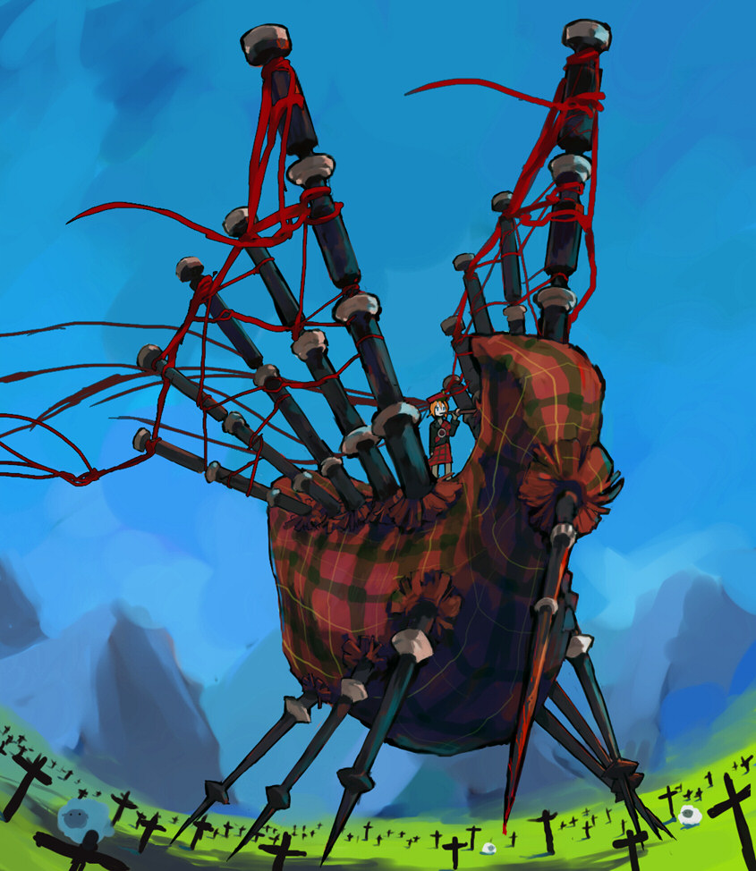 gregorius yamada, original, 1girl, bagpipes, blood, cross, day, epic, field, giant, graveyard, instrument, mountain, plaid clothes, plaid skirt, sheep, skirt, sky, what, wind