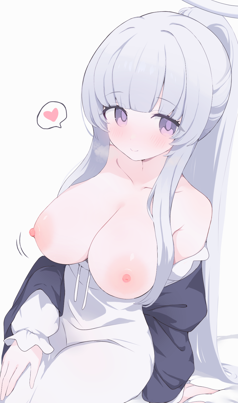 hone kawa, noa (blue archive), noa (pajamas) (blue archive), blue archive, highres, revision, variant set, 1girl, black cardigan, breasts, breasts out, cardigan, cleavage, closed mouth, collarbone, dress, grey hair, halo, heart, large breasts, long hair, long sleeves, looking at viewer, nipples, official alternate costume, pajamas, ponytail, purple eyes, simple background, sitting, smile, solo, speech bubble, spoken heart, very long hair, white background, white dress, white halo, white pajamas