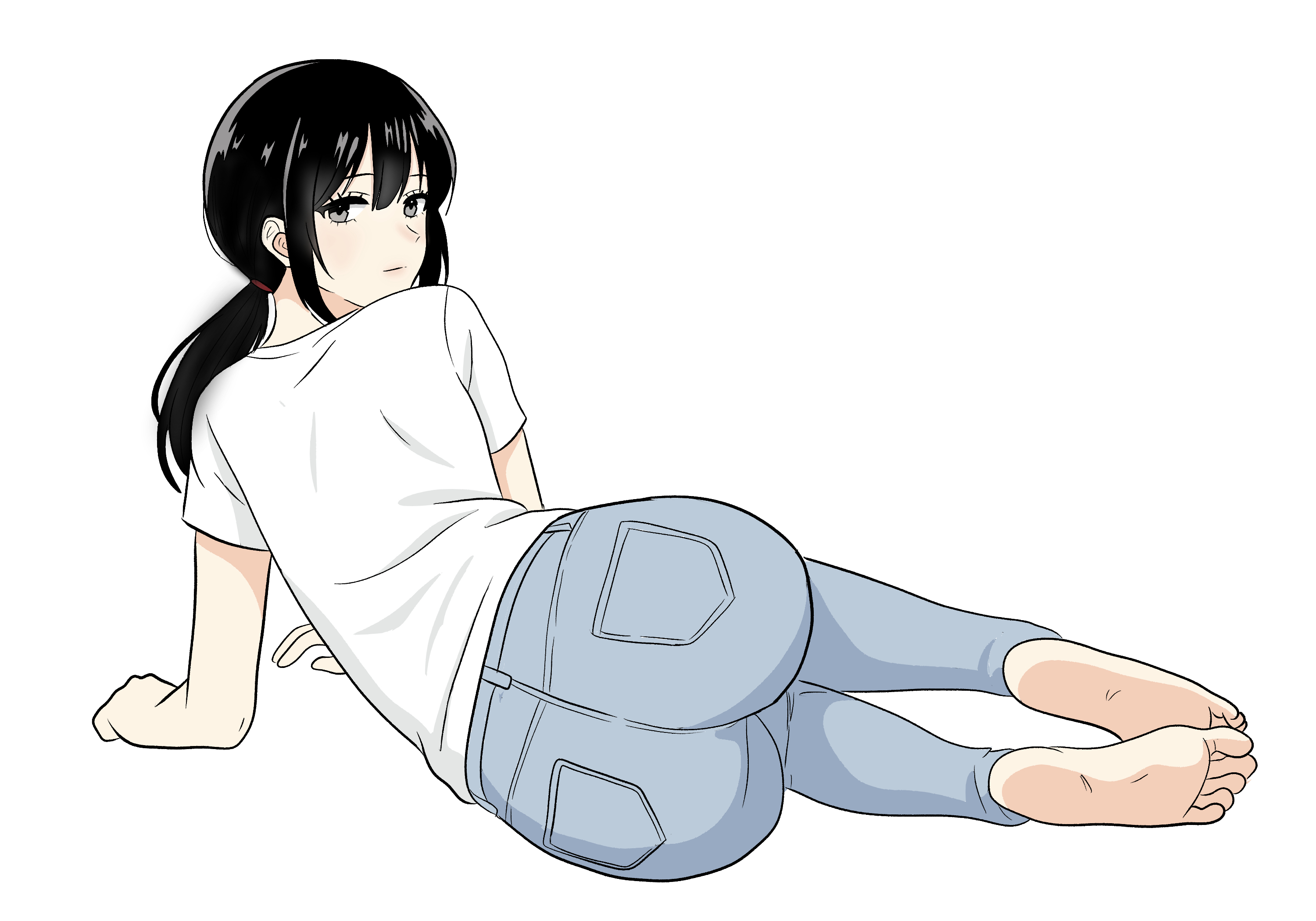 original, highres, 1girl, arm support, ass, barefoot, black eyes, black hair, denim, jeans, looking at viewer, looking back, low ponytail, lying, medium hair, on side, pale skin, pants, ponytail, rakuo cafeaulait, reclining, shirt, t-shirt, tight clothes, tight shirt, white background, white shirt