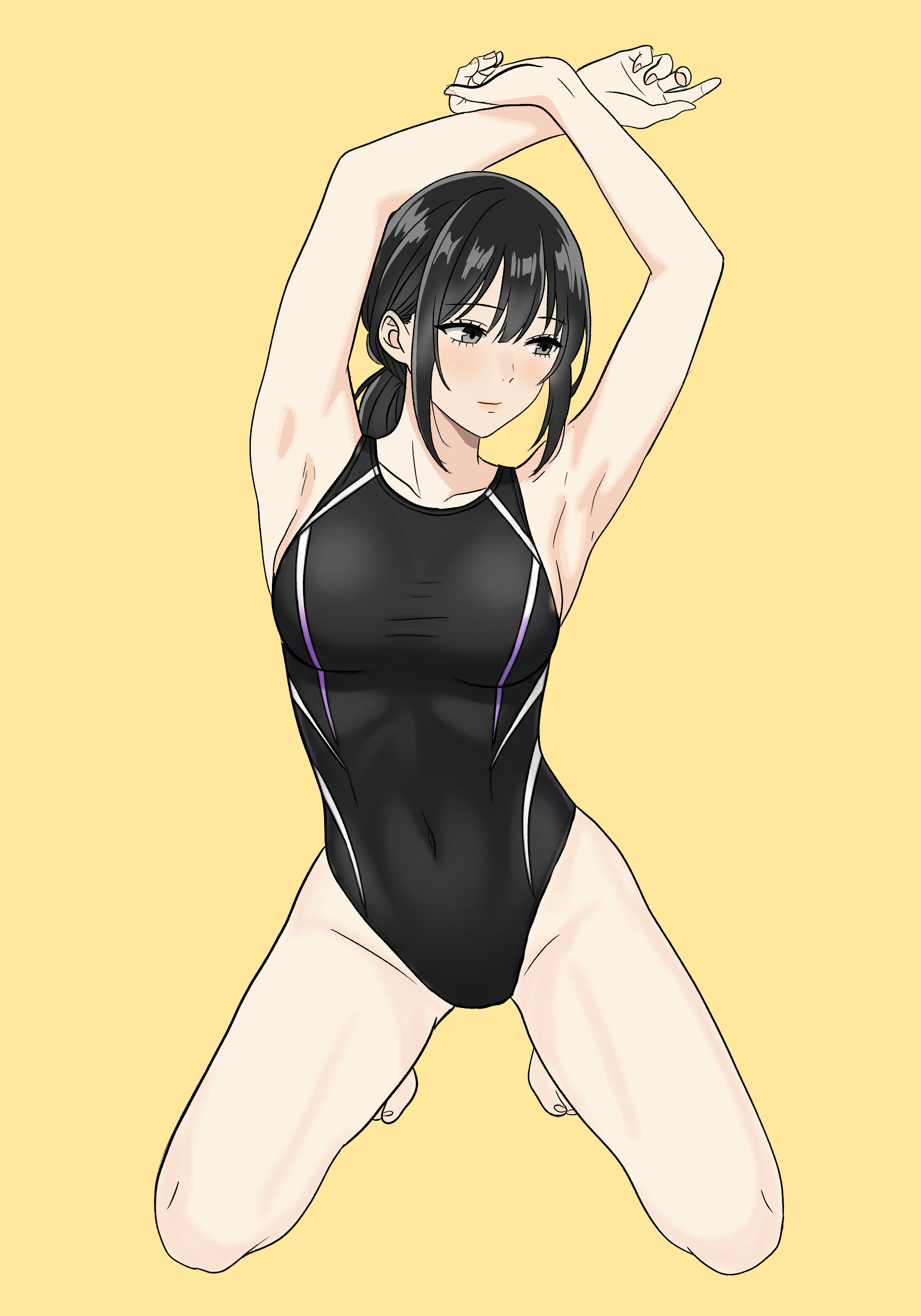 original, absurdres, highres, armpits, arms up, barefoot, black eyes, black hair, black one-piece swimsuit, breasts, competition swimsuit, hair between eyes, kneeling, large breasts, looking to the side, low ponytail, medium hair, one-piece swimsuit, pale skin, ponytail, racerback, rakuo cafeaulait, simple background, stretching, swimsuit, thighs