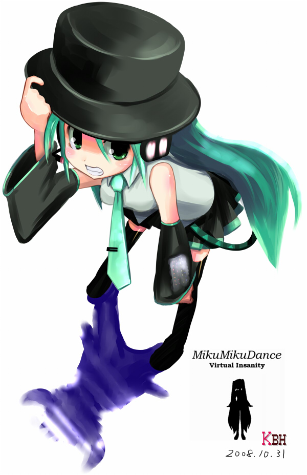 kazuboh, hatsune miku, jamiroquai, vocaloid, 00s, 1girl, 2008, aqua hair, black boots, black hat, black skirt, blush, boots, clenched teeth, collared shirt, dated, detached sleeves, female focus, from above, full body, grey shirt, hair between eyes, hair ornament, hand on headwear, hand on own knee, hat, headphones, headset, leaning forward, legs apart, long hair, microphone, miniskirt, necktie, pleated skirt, shadow, shirt, silhouette, simple background, skirt, solo, standing, teeth, thigh boots, thighhighs, top hat, twintails, white background