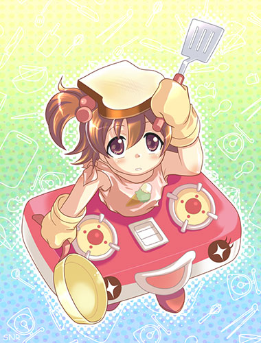yumeno koto, onegai my melody, sanrio, lowres, 00s, 1girl, blush, brown eyes, brown hair, child, female focus, full body, gloves, hair bobbles, hair ornament, holding, long sleeves, solo, spatula, standing, tareme, twintails