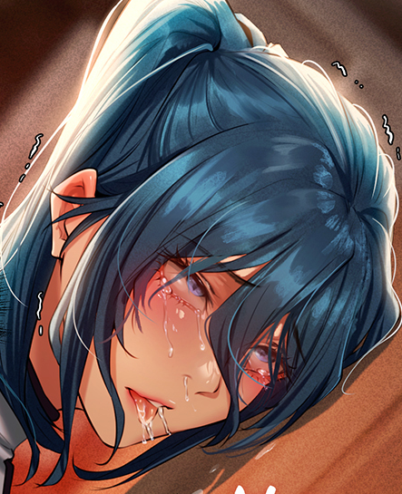 hplay, highres, 1girl, after fellatio, ahegao, blue eyes, blue hair, blush, close-up, crying, crying with eyes open, cum, cum in mouth, cum in nose, hair between eyes, high ponytail, long hair, ponytail, portrait, purple eyes, rolling eyes, saliva, snot, solo, tearing up, tears, tongue, tongue out, trembling