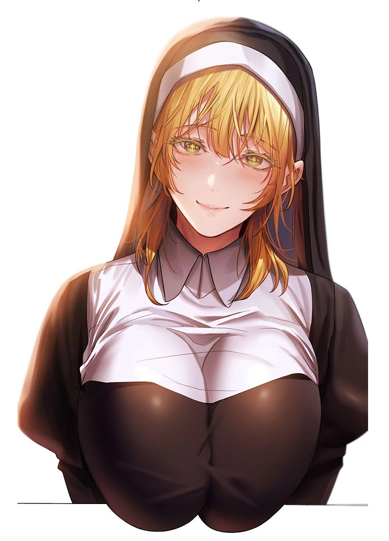 hplay, habit, highres, 1girl, black dress, blonde hair, blush, breasts, closed mouth, dress, hair between eyes, huge breasts, large breasts, lips, long hair, long sleeves, looking at viewer, nun, puffy sleeves, simple background, smile, solo, traditional nun, upper body, white background, yellow eyes