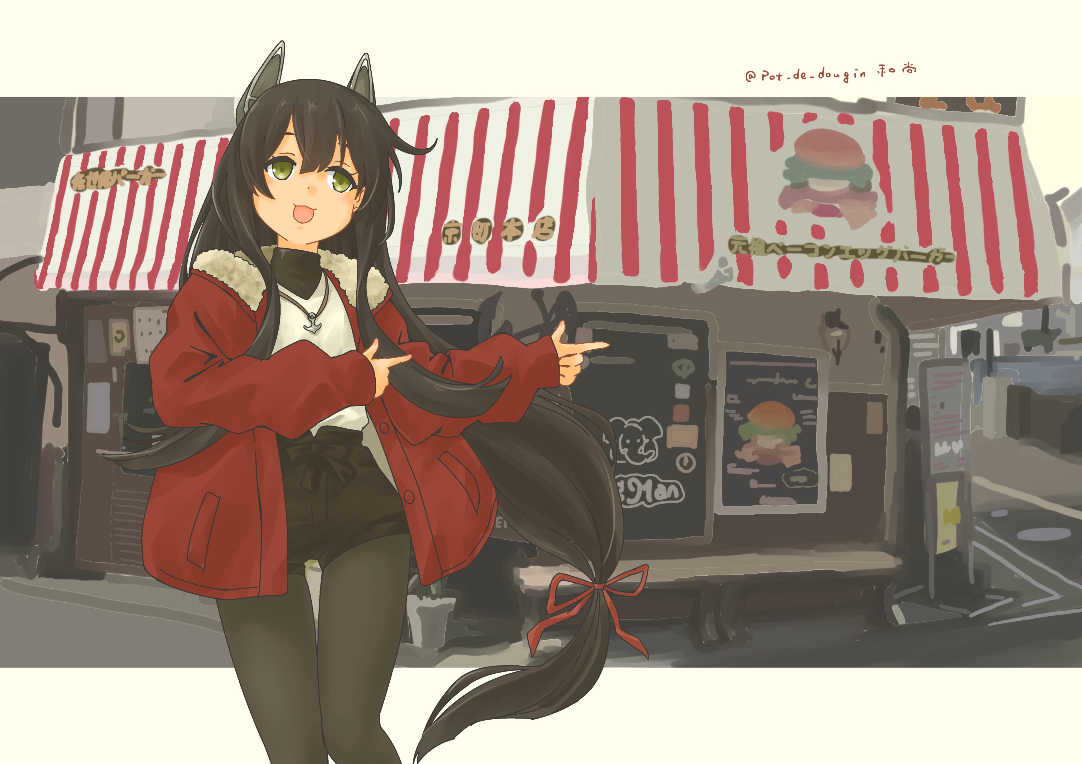 pot-de, i-47 (kancolle), kantai collection, absurdres, highres, 1girl, black hair, black pantyhose, burger, day, food, green eyes, hair ribbon, headgear, jacket, long hair, long sleeves, looking at viewer, low-tied long hair, official alternate costume, open mouth, pantyhose, red jacket, restaurant, ribbon, road, sasebo, shirt, shorts, street, tress ribbon, white shirt
