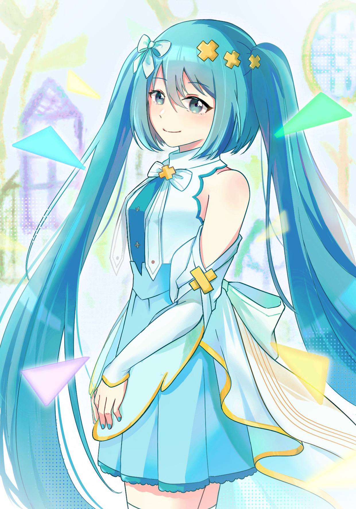 ice-lollyyyyy, hatsune miku, hiramado miku, kowareta sekai to utaenai miku, project sekai, highres, spoilers, 1girl, aqua eyes, aqua hair, aqua nails, aqua skirt, blush, bow, breasts, closed mouth, detached sleeves, dress, hair between eyes, hair bow, hair ornament, long hair, long sleeves, looking at viewer, official alternate costume, official alternate hairstyle, skirt, sleeveless, sleeveless dress, small breasts, smile, solo, twintails, very long hair, white dress, x hair ornament