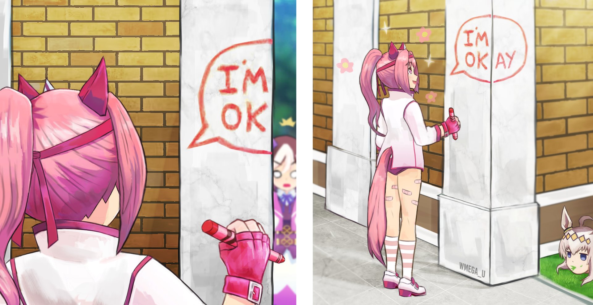 wmega u, haru urara (bestest prize) (umamusume), haru urara (umamusume), oguri cap (umamusume), special week (special dreamer) (umamusume), special week (umamusume), umamusume, highres, 3girls, animal ears, bandaid, bandaid on leg, bow, buruma, crayon, ear bow, ear covers, flower-shaped pupils, flower in eye, headband, horse ears, horse girl, horse tail, i'm ok (meme), meme, multiple girls, pink buruma, pink hair, pink headband, red buruma, red headband, school uniform, symbol-shaped pupils, symbol in eye, tail, tracen school uniform