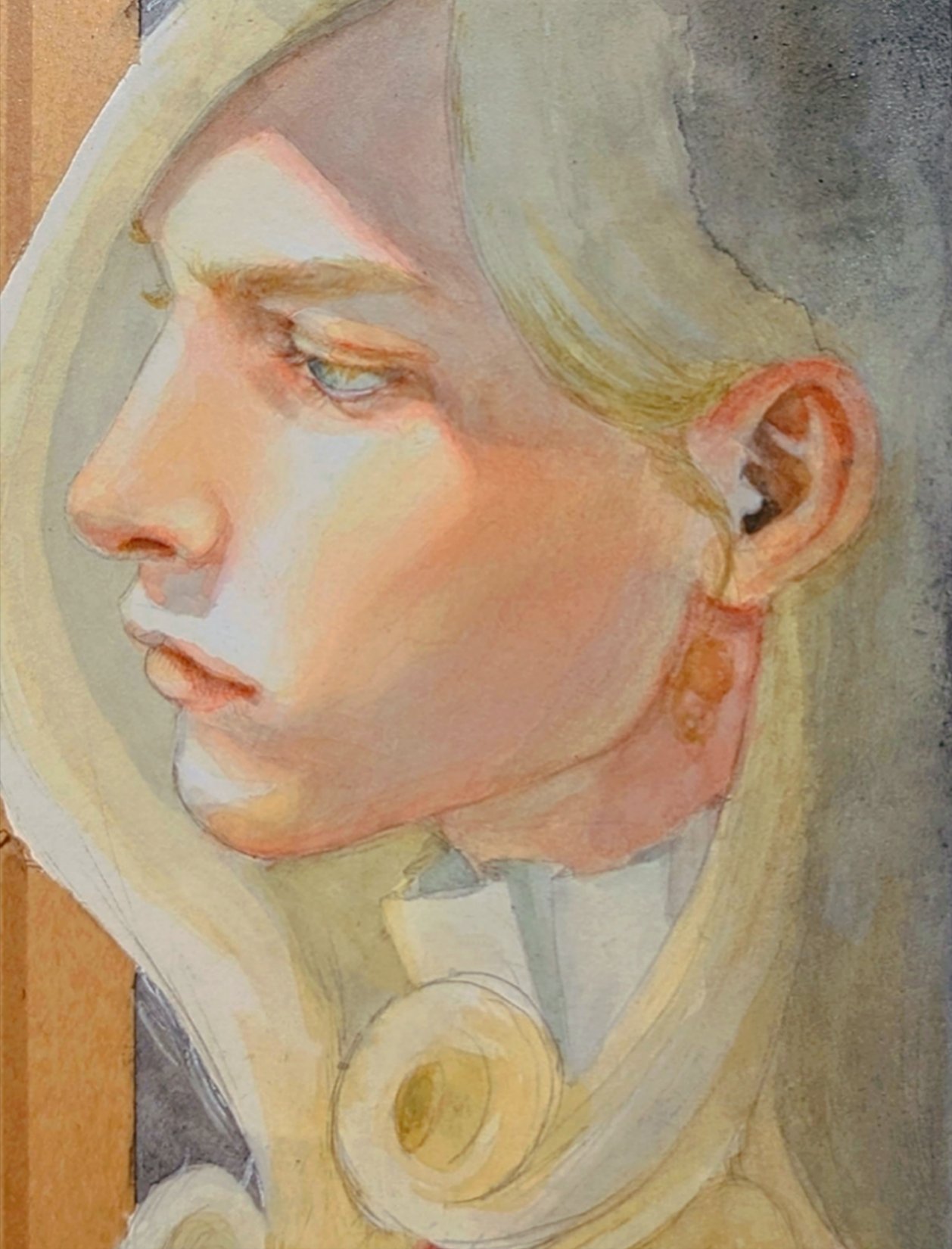 umasandaa, funny valentine, jojo no kimyou na bouken, steel ball run, commentary, english commentary, highres, painting (medium), traditional media, unfinished, watercolor (medium), 1boy, bishounen, blonde hair, blue eyes, closed mouth, curly hair, eyelashes, half-closed eyes, jewelry, lips, long hair, male focus, nose, portrait, profile, solo